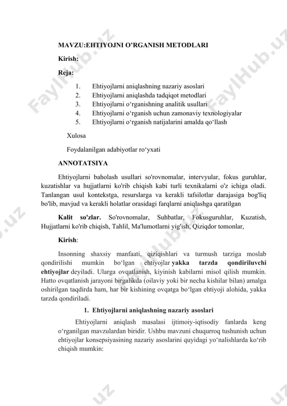 ’naviy ehtiyojlar: bilim olish, estetik zavq olish. ### 2. **ehtiyojlar nazariyalari** turli olimlar ehtiyojlarni aniqlash va tasniflashning o‘z nazariyalarini ishlab chiqqan: - **maslouning ehtiyojlar iyerarxiyasi**: 1. fiziologik ehtiyojlar (asosiy yashash talablari). 2. xavfsizlik ehtiyojlari. 3. ijtimoiy ehtiyojlar (sevgi, do‘stlik). 4. hurmat ehtiyoji. 5. o‘zini namoyon qilish ehtiyoji. - **mak-klelland nazariyasi**: ehtiyojlar uch asosiy guruhga bo‘linadi: yutuq ehtiyoji, hamkorlik ehtiyoji va hokimiyat ehtiyoji. - **hertsbergning ikki omilli nazariyasi**: motivatsion va gigienik omillarni tahlil qiladi. ### 3. **ehtiyojlarni aniqlashning metodologik asoslari** ehtiyojlarni aniqlash jarayoni quyidagi bosqichlarni o‘z ichiga oladi: - **tahlil qilish**: bozor, jamiyat yoki shaxsiy muhitni o‘rganish. - **talab va taklifni o‘rganish**: xizmatlar yoki mahsulotlar bo‘yicha ehtiyojlarni qondirish imkoniyatlarini aniqlash. - **ustuvorliklarni belgilash**: ehtiyojlar ichida qaysi biri muhimligini aniqlash. ### 4. **ehtiyojlarni tasniflash** ehtiyojlar quyidagicha tasniflanadi: - **mazmuni bo‘yicha**: moddiy va nomoddiy. - **qondirish darajasi bo‘yicha**: asosiy va ikkilamchi. - **rivojlanish bosqichlari bo‘yicha**: dolzarb va uzoq muddatli. ### 5. **ehtiyojlarni aniqlashda …