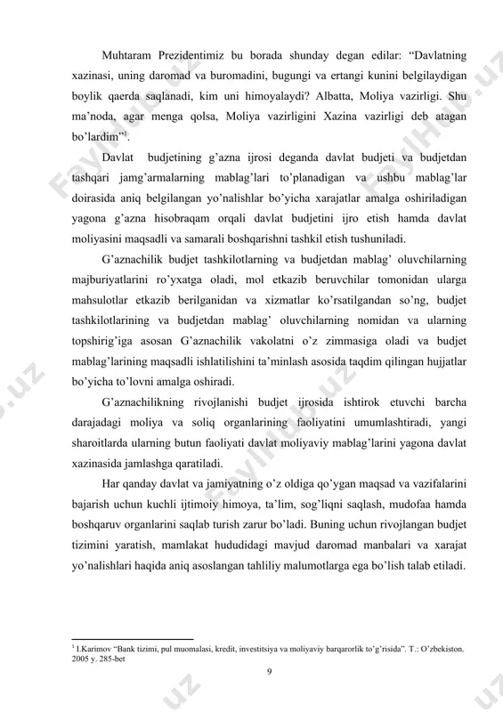 hqa holatlar bilan bog’liq bo’lib, byudjet qonunchiligini yanada takomillashtirish zarurligini taqozo etdi. natijada amaldagi “byudjet tizimi to’g’risida”gi hamda “davlat byudjetining g’azna ijrosi to’g’risida”gi o’zbekiston respublikasi qonunlarida belgilangan normalar mukammal tarzda qayta ishlangan holda byudjet kodeksida o’z aksini topdi. byudjet tizimidagi islohotlar doirasida 2014 yildan boshlab amalga kiritilgan yangi byudjet kodeksi davlat moliyasini boshqarishning huquqiy asoslarini yanada mustahkamlash, byudjet siyosatining ustuvorliklarini belgilab olish, byudjet mablag’laridan foydalanish samaradorligini oshirish va davlat xizmatlarini taqdim etish sifatini oshirishga qaratilgan. 1.1-rasm. o’zbekiston respublikasi byudjet kodeksining tasnifi ushbu kodeks o’zbekiston respublikasining byudjet tizimi byudjetlarini shakllantirish, tuzish, ko’rib chiqish, qabul qilish, tasdiqlash, ijro etish, davlat tomonidan mablag’ jalb qilish va byudjet to’g’risidagi qonun hujjatlari ijrosini nazorat qilish sohasidagi munosabatlarni tartibga soladi. o’zbekiston respublikasi byudjet kodeksi 2013 yil 26 dekabrda qabul qilingan bo’lib, 9 ta bo’lim, 28 ta bob, 192 moddadan iborat. ushbu kodeks: · o’zbekiston respublikasining byudjet tizimi tuzilishi va uni boshqarish asoslarini; · o’zbekiston respublikasining davlat …