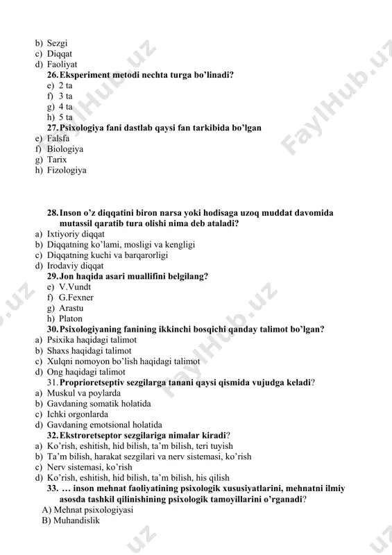 g’ovchilar ta’siriga moslashish va moslanish 1. narsalar obrazining nisbatan turg’unligi va rivojlanishi 1. predmetli yaqqol obrazlarni yaratish 36. test metodi nechta turga bo’linadi? 1. 4 ta 1. 12 ta 1. 1 ta 1. 8 ta 37. adaptasiya – bu: 1. a’zolarning muhitga moslanishi 1. sezgi a’zolarining qo’zg’ovchilar ta’siriga moslashishi 1. kuchli qo’zg’ovchilar ta’siri ostida sezgilarning zaiflashishi 1. qo’zg’ovchi ta’siri ostida sezgilarning o’zgarishi 38. idrok turlari nechta? 1. 3 ta 1. 1 ta 1. 5 ta 1. 10 ta 39. hayolning asosiy turlari nechta? 1. 20 ta 1. 11 ta 1. 8 ta 1. 2 ta 40. ixtiyoriy ravishda yuzaga keltirilgan lekin hayotda gavdalantirishga qaratilgan iroda bilan bog'liq bo’lmagan hayol qanday xayol? 1. shirin xayol 1. ijodiy xayol 1. aktiv xayol 1. passiv xayol 41. mashq qilish natijasida yuzaga kelgan harakatlarning avtomatlashgan usuli: a) malaka b) faoliyat c) ko’nikma d) bilimlar 42. diqqatning ta’rifi: e) har qanday faoliyatning zaruriy sharti f) …
