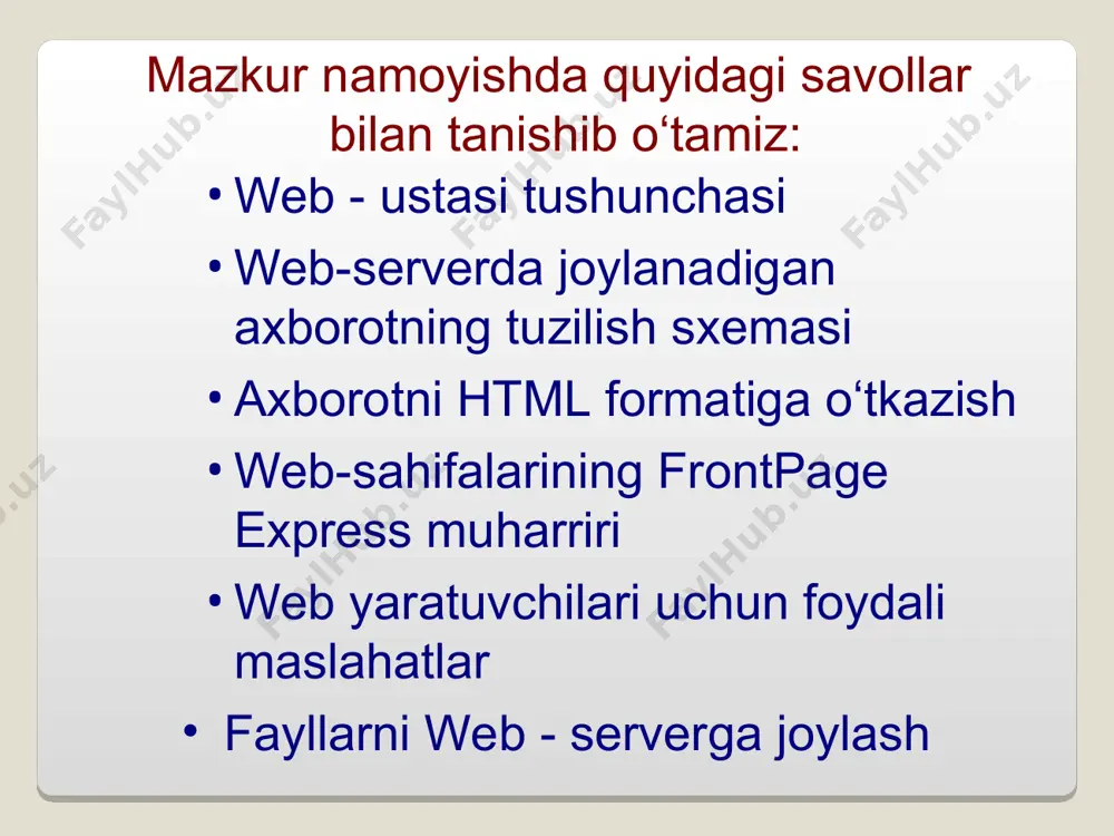 ranglardan biri tanlanadi. jadval chizish qurollar panelidan jadval qo‘yish " вставить таблицу " tugmasi faollashtiriladi. kerakli miqdorda ustun va qatorlar tanlanadi. copyright © 2000 iatp site design by makhmud botirov en grant iatp ii&is uz iatp granti ii va ah www.arxiv.uz www.arxiv.uz giper ishoratlarni hosil qilish yoki o‘zgartirish ishorat berilishi kerak bo‘lgan so‘z belgilanadi qurollar panelidan ishorat berish yoki o‘zgartirish " создать или изменить ссылку " nomli tugma faollashtiriladi. tarmoqdagi web sahifa manzili (url) yoki ma'lum bir hujjat manzili kiritiladi. copyright © 2000 iatp site design by makhmud botirov en grant iatp ii&is uz iatp granti ii va ah www.arxiv.uz www.arxiv.uz web sahifaga ma'lum bir ob'ekt ko‘rinishini (rasmni) qo‘yish qurollar panelidan "вставить изображение" nomli tugma faollashtiriladi paydo bo‘lgan muloqot tizimidan " обзор " nomli tugmacha faollashtirilib kerakli rasm tanlanadi copyright © 2000 iatp site design by makhmud botirov en grant iatp ii&is uz iatp granti ii va ah www.arxiv.uz www.arxiv.uz …