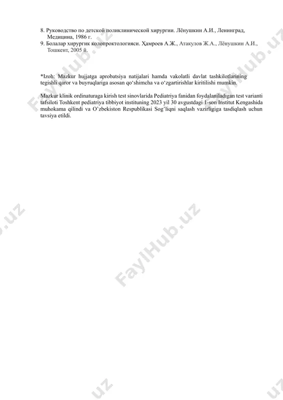 ardan foydalanish. 1.1.1 bolalarda o’tkir appenditsit. o’tkir appenditsitning asoratlari. bolalik davriga xos o’tkir appenditsitni kechishi va katta yoshdigalardan farq qiluvchi asoratlari. 1.2.1 bolalarda peritonitlar. chaqaloqlarda va katta yoshli bolalarda uchraydigan peritonitlar xususiyatlari va asoratlari. 1.3.1 bolalarda orttirilgan ichak tutilishlari. bolalik davriga xos va ko’p uchraydigan invaginatsiya, boshqa mexanik va dinamik ortirilgan ichak tutilishlari. 1.4.1 bolalarda oshqozon-ichak tizimidan qon ketishi. jigardan tashqari portal gipertenziyada qizilo’ngach va me’dadan qon ketish, me’da va 12 barmoqli yara kasalliklarida, mekkel divertikulitida, to’g’ri ichak polipida yorig’idan qon ketishi. 1.5.1 bolalarda qorin bo’shlig’i a’zolarini yopiq shikastlanishlari. jigar, taloq, me’da-ichak tizimi jarohatlari, ularni yorilishi va asoratlari. 1.6.1 bolalarda qizilo’ngachning termik va kimyoviy kuyishlari. qizilo’ngachning termik i kimyoviy kuyishlarini tashxislash, birinchi yordam, chandiqli stenozlarni oldini olish va davolash. 1.7.1 bolalarda o’t-safro chiqarish a’zolarining tug’ma rivojlanish nuqsonlari. o’t yo’llari atreziyasi, o’t yo’llari kistoz trasformatsiyasi. mexanik sariqlik. 1.8.1 bolalarda yo’g’on ichak tug’ma rivojlanish nuqsonlari. girshprung kasalligi, dolixokolon, payra kasalligi. 1.9.1 bolalarda …