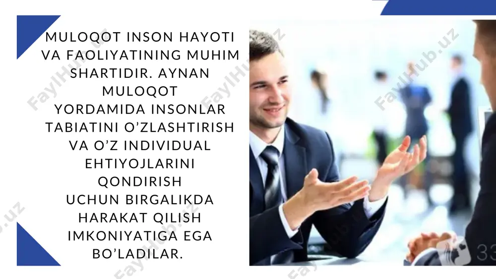 a jestlar (qo’l harakatlari) , mimika (yuz harakatlari) va pantomimika (qo’l, oyoq, tana harakatlari) kiradi jestlar – insonning qo’l harakatlari bo’lib, u orqali insonning ichki holati, biror bir ob’ektga munosabati va tashqi olamga yo’nalganligi ifodalanadi. mimika inson yuz harakatlarining bir qismi bo’lib, u orqali insonning o’ylari, xatti- harakatlari, tasavvurlari, xotirlashi, taajjubi va hokazolarda namoyon bo’ladi. pantomimika inson tanasi yoki uning qismlari yordamida ifodalanadigan harakatlar tizimidir muloqotning qonuniyatlarini, malaka va qobiliyatlarining shakllanishini bil ish pedagog uchun g’oyat muhimdir. bu to’laqonli pedagogik muloqotni yoki muomalani yo’lga qo’yishni ta’minlaydi.pedagogik muloqot pedagog va o’quvchilarning o’zaro ta’sir etish usullari yig’indisidir. muloqotning mazmuni axborot almashish, o’qituvchi tomonidan turli kommunikativ vositalar yordamida o’quvchilar bilan o’zaro tushunish va o’zaro munosabatlarni tashkil etishdir. pedagogik faol iyatdagi muloqat - o ’quv vazi fa larni bajar ish vos itas i - tarbiyaviy jaryonini ta ’minlashning i j t imoiy- ps ixologik t iz imi - ta ’ l im-tarbiya jarayoni muvaffaqiyat …