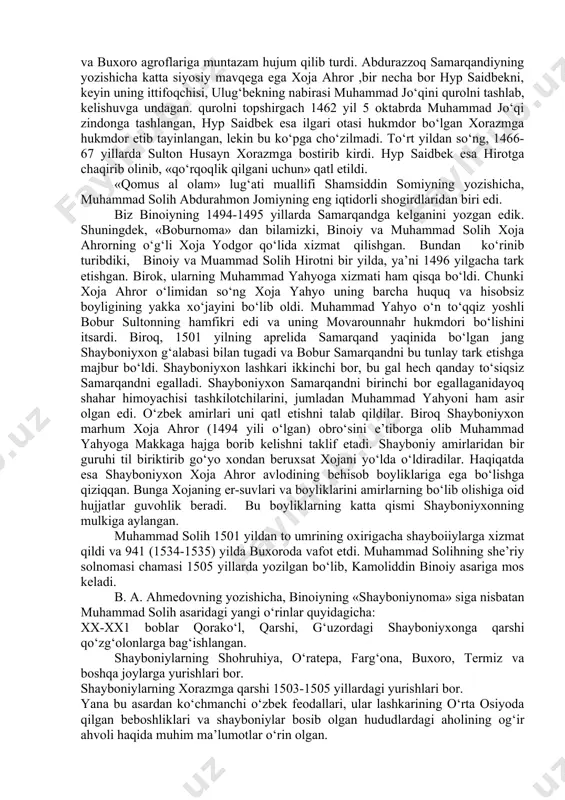 kramovning bu fikrini ishonarli yemas, deb hisoblaydi. «tavorixi guzida»-«nusratnoma» asari dunyo miqyosida ikki nusxada topilgan. birinchi qo‘lyozma mamlakatimiz fa sharqshunoslik ilmgohining leningrad bo‘limida (v -745: 147 l) va ikkinchi qo‘lyozma britaniya muzeyida (or. 32226; 148 l.) saqlanmoqda. qo‘lyozmaning ikkala nusxasi ham qoniqarsiz ahvolda - mazmunda chalkashliklar, xatolar bor. a. akramov o‘z asarida bu kamchiliklarni tuzatishga urinsada, hanuz, ba’zi varaqlar o‘rni chalkashgan, ba’zi voqealarning qaytarilishi uchraydi. «nusratnoma» hanuzgacha to‘liq tarjima qilinmagan. s. k. ibrohimov va v. p. yudin bu asarning ba’zi parchalarini o‘zbekchaga o‘girishgan. «tavorixi guzida»-«nusratnoma» dan tadqiqotchilar b. v. bartol’d, a. a. semyonov, s. k. ibrohimov, r. g. muqmi​nova, s. a, azimjonova, k. e. petrov, b. a. ahmedov va a. m. akramovlar o‘z ilmiy izlanishlarida ancha keng foydalanishgan. kelgusida bu asarni keng o‘quvchilar ommasiga tushunarli tilda, izohlar bilan nashr etish muhim ishlardan biridir. bu asar shayboniyxon tarixiga bag‘ishlangan. xvii asrning mashhur shoiri va tarixchisi kamoliddin binoiyni uning mual​lifi deyishadi. bu …