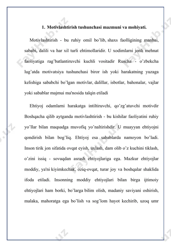 lari ijobiy tomonga ishlaydi. o‘zgalarga qanday yondoshilgan bo‘lsa, unga ham xuddi shunday yondoshilsa, bu holda xodim kuchiga kuch qo‘shib, mehnat qiladi. motivlashtirishda x (iks) va y (igrek) nazariyalari ham alohida o‘rinni tutadi. bu nazariyalarning muallifi amerikalik ruhshunos d.mak gregor bo‘lib, u boshqaruvchi va xodimlarning mehnatga bo‘lgan munosabatini ifodalaydi. x (iks) nazariyasi bo‘yicha ishchilar ishlashni xohlamaydi, javobgarlikdan qochadi, ular tabiatan yalqov, ishyoqmas bo‘ladilar. shu bois ularni doimo turtib, majburlab, nazorat qilib, jazo bilan qo‘rqitib turish kerak. shundagina ular korxona uchun yaxshi ishlaydilar. y (igrek) nazariyasida kishilarga ishonib, qobiliyatlarini rivojlantirib, ular o‘zlarining foydaliligi va muhimliklarini his qilishsa, ishdan qoniqish hosil qilishsa, shundagina korxonaga katta foyda keltirish mumkin deyiladi. bu nazariya xodimning o‘z mehnatidan qoniqish hosil qilishiga hamkorlik ko‘rsatuvchi: · xizmatlarning tan olinishi; · xizmatdagi o‘sishi; · malakasining oshishi; · mas’uliyatning yuqoriligi kabi omillarni motivatsiyaga da’vat etuvchi omillar deb talqin qiladi. bu nazariyaga binoan boshqaruvchi ko‘rsatma beribgina qolmay, har bir kishining qobiliyatini ishga …