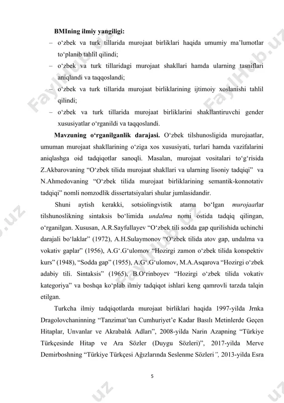 borat bo‘lib, 64 sahifani tashkil qiladi. i bob. tilshunoslikda murojaat birliklari tushunchasi: tadqiqi va tavsifi 1.1. o‘zbek va turk tilshunosligida murojaat birliklarining o‘rganilishi ma’lumki, murojaat shakli va u ifodalaydigan muayyan davr, ijtimoiy hayot va muhit mahsulidir. so‘zlovchi va tinglovchining jamiyatda qanday orin egallashi, uning yoshi, jinsi, lavozimi, kasbi, mansabiga qarab murojaat shakllari o‘zgarib boradi. shu bilan birga murojaat shakli xalqning o‘zligini anglashi qay darajada ekanligini ko‘rsatuvchi mezonlardan biridir. insonlar suhbatlashayotganda nafaqat o‘z fikr va tuyg‘ularini tushuntirish, yetkazish, balki bir vaqtning o‘zida boshqasiga bo‘lgan munosabatini, o‘zining jamiyatdagi ijtimoiy belgilarini va suhbatdagi o‘z o‘rnini ham belgilaydi. muloqot mobaynida suhbatdoshlar maʼlum bir ijtimoiy qoidaga amal qilgan holda, o‘zaro murojaat shakllarini tanlay olishi va o‘z o‘rnida ishlata olishi muhim hisoblanadi. muloqot mobaynida suhbatdoshlar maʼlum bir qoidalarga amal qilgan holda, o‘zaro murojaat shakllarini tanlaydilar va bu bilan har ikki taraf o‘zaro aloqada ijtimoiy tomonlarini nomoyon qiladilar. o‘zbek tilshunosligida murojaat shakllarining o‘ziga xos xususiyati, turlari hamda …