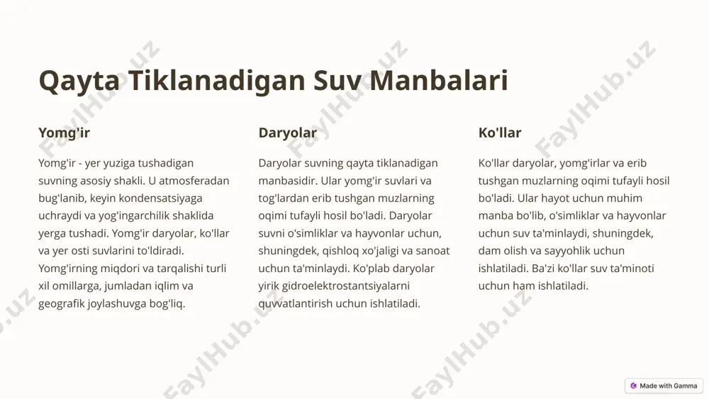 hayvonlar uchun suv ta'minlaydi. yer osti suvlarining qatlamlari qishloq xo'jaligi va sanoat uchun ham muhim ahamiyatga ega. 3 suvning ahamiyati hayot uchun muhim suv - hayot uchun muhim element. u barcha tirik mavjudotlarning hujayralarida mavjud. u o'simliklarning o'sishi, hayvonlarning ichish, oziq-ovqat tayyorlash va boshqa ko'plab jarayonlar uchun zarurdir. qishloq xo'jaligi suv qishloq xo'jaligi uchun juda muhimdir. o'simliklar o'sishi va hosil olish uchun suv kerak. qishloq xo'jaligi suvning 70% dan ko'prog'ini iste'mol qiladi. sanoat suv sanoat ishlab chiqarishda ham katta rol o'ynaydi. u mahsulot ishlab chiqarish, tozalash va sovutish uchun ishlatiladi. ko'pgina sanoat korxonalari suvga juda ko'p miqdorda muhtoj bo'ladi. ichimlik suvi ichimlik suvi inson salomatligi uchun juda muhimdir. u ichish, oziq-ovqat tayyorlash va shaxsiy gigiena uchun ishlatiladi. toza ichimlik suvi etishmasligi turli kasalliklarga olib kelishi mumkin. 4 suv resurslarini saqlash 1 suvning ifloslanishini oldini olish suvning ifloslanishini oldini olish - suv resurslarini saqlashning muhim qismi. bu ishlab chiqarish chiqindilarini tozalash, …
