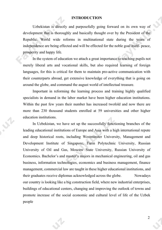 technologies, economics and business management, finance management, commercial law are taught in these higher educational institutions, and their graduates receive diplomas acknowledged across the globe. nowadays our country is looking like a big construction field, where new industrial enterprises, buildings of educational centers, changing and improving the outlook of towns and promote increase of the social economic and cultural level of life of the uzbek people at present reputation and essence of science and scientists are increasing throughout the world. because of rapid development of science and techniques, a number of countries develop thoroughly, they enter into the new way of progress and in that way improve their position. essential work is carried out in our country in this matter too. no doubt that the resolution “on accelerating the organization of scientific research activity” signed by president i.a.karimov. and the decree of the cabinet of ministers of the republic of …