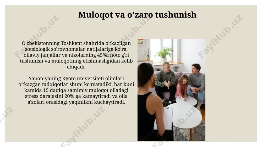ishi mumkin va bu andijon viloyati statistikasida yaqqol ko'rinadi. oilaviy terapiya usullaridan biri bo'lgan sistemali yondashuv, 5 dan ortiq oila a'zosini o'z ichiga olgan oilalarda 80% hollarda muammoning ildiziga borishga yordam beradi va samarqanddagi tajriba shuni ko'rsatdiki, bu usul samaradorligi yuqori. oilaviy zo'ravonlik va uning oqibatlari toshkent shahrida o'tkazilgan tadqiqotlar shuni ko'rsatdiki, oilaviy zo'ravonlikning surunkali ta'siri natijasida qurbonlarning 40% dan ortig'i depressiya va tashvish buzilishlaridan aziyat chekadi, va bu muammoni hal qilish uchun psixologik yordamga muhtoj bo'ladi. oilaviy zo'ravonlikning 70% dan ortig'i ayollarga qarshi yo'naltirilgan bo'lib, jahon sog'liqni saqlash tashkilotining ma'lumotlariga ko'ra, bu dunyoning ko'plab rivojlangan va rivojlanayotgan mamlakatlarida, jumladan o'zbekistonda ham keng tarqalgan muammo hisoblanadi. e'tiboringiz uchun rahmat @taqdimot_robot image3.jpg image4.jpg image5.jpg image6.jpg image7.jpg image8.jpg image9.jpg image10.jpg image11.jpg image12.jpg
