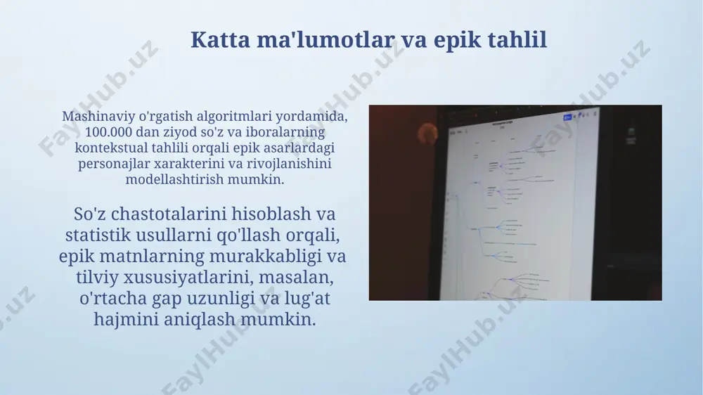 ng chastotasini, jumla uzunligini va boshqa 15 ta metrikani aniqlash imkonini beradi, bu esa epik asarlarning stilistik xususiyatlarini tahlil qilishga yordam beradi. ba'zi "matn tahlili dasturlari" lemmatizasiya va morfologik tahlil kabi funksiyalarni taqdim etadi, bu esa 10000 ta so'zdan ortiq bo'lgan katta hajmdagi matnlarni samarali tahlil qilishga imkon beradi. ovozni tahlil qilish va epik musiqa эпик достонлардаги мусиқий фрагментларни спектрограмма таҳлили орқали 500 гц дан юқори частоталардаги қўшимча товушларни аниқлаш ва уларнинг маъновий юкини ўрганиш мумкин. midi форматдаги мусиқа маълумотларини ишлатиб, эпик асарлардаги мелодик тузилмаларни математик моделлаштириш ва уларнинг 12 тоналик тизимдаги ўрнини аниқлаш мумкин. mashinani o'rgatish va epik matnlarning avtomatik tahlili mashinani o'rgatish algoritmlari, masalan, rnn yoki transformerlar, 1000 dan ortiq she'riy baytlarni tahlil qilib, epik matnlarning stilistik xususiyatlarini aniqlashda 90% aniqlikka erishadi. epik matnlarning tarkibiy tuzilmasini, masalan, qahramonlar o'rtasidagi munosabatlarni, graf nazariyasi va 500 dan ortiq tugunlarga ega bo'lgan tarmoq tahlili yordamida vizualizatsiya qilish mumkin. e'tiboringiz uchun rahmat …