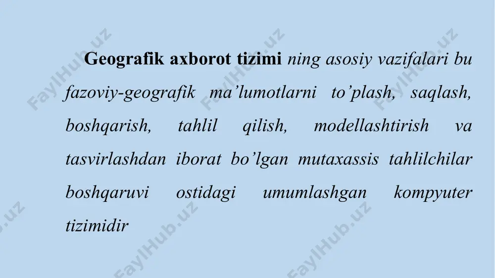 xizmat foydalanuvchilariga xizmat ko'rsatish tarmog'i ma'lumotlarini raqamlashtirish, boshqarish va tahlil qilish imkonini beradigan gis dasturiga asoslanadi. ushbu ma'lumotlar gis ma'lumotlar bazasida saqlanadi, bu esa grafik moslamalari va atributlari o'rtasidagi aloqalarni qo'llab-quvvatlaydi. fm-tizimlar. fm-tizimlar – bu tarmoqlarni (vodoprovod, truboprovod, energetika va telefon tarmoqlari va h.k.), ya’ni har biri bilan mazmunga ega axborot bog‘langan fazoviy ob’ektlarni boshqarish tizimlaridir. fm-tizimlardan fazodagi ob’ekt holatining metrik aniqligini talab qilmaydigan masalalarni yechish uchun foydalaniladi. e‘tiboringiz uchun raxmat! image1.png image2.png image3.jpeg image4.jpg image5.png image6.emf image7.jpeg image8.png image9.jpg image10.jpg image11.gif image12.jpg image13.png /docprops/thumbnail.jpeg