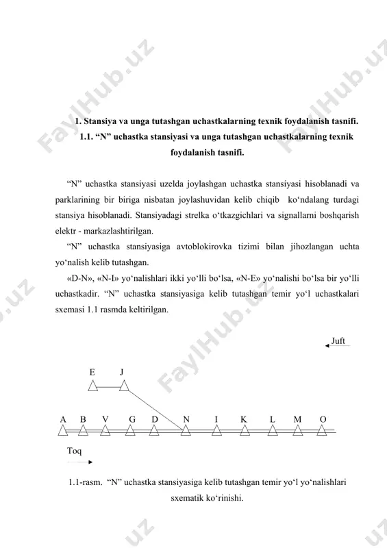 akatida esa chs-3 seriyali lokomotivlaridanfoydalaniladi. uchastka stansiyasining asosiy vazifasi tranzit poyezdlarga xizmat ko‘rsatish, lokomotivlar va lokomotiv brigadalarini almashtirish, o‘tib ketuvchi, uchastka va terma poyezdlar tarkiblarini tarqatish va tuzish, harakat tarkiblariga texnik xizmat ko‘rsatish bo‘yicha jarayonlarni bajarish, va shu bilan birga yuk, yo‘lovchi va tijoriy amallarni bajarishdir. ushbu amallarni bajarishi uchun “n” uchastka stansiyasida uchta qabul qilib jo‘natish parki, saralash parki, saralash qurilmalari, lokomotivlarga texnik xizmat ko‘rsatish qurilmalari va vagonlarni ta’mirlash qurilmalari, yuk va yo‘lovchi amallarini bajarish uchun qurilmalar, smb va aloqa qurilmalari hamda xizmat-texnik bino va inshootlari mavjud. stansiyaning “i” qabul qilib jo‘natish parkida 4 yo‘l mavjud bo‘lib, ushbu yo‘llar asosan “i” yo‘nalishdan keluvchi juft raqamli tranzit poyezdlarini qabul qilib jo‘natish uchun mo‘ljallangan. stansiyaning “d” va “e” qabul qilib jo‘natish parklarida 7 ta yo‘l mavjud bo‘lib, ushbu yo‘llardan 4 tasi asosan “d” va “e” yo‘nalishlardan keluvchi toq raqamli tranzit poyezdlarini qabul qilib, jo‘natish uchun mo‘ljallangan. barcha yo‘nalishlardan stansiyaga qayta ishlovga …