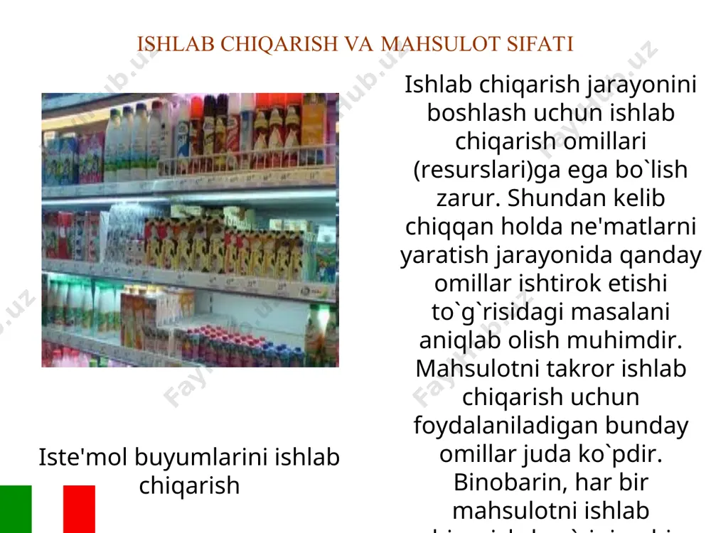 . uzoq muddat ishlatiladigan tovarlar (avtomashina, tеlеvizor, kir yuvish mashinasi, gilam, vidеomagnitofon, mеbеl va h.k.) istе'molini ta'minlaydi. turli­tuman xizmatlarga bo`lgan ehtiyojni qondiradi ishlab chiqarish va mahsulot sifati ishlab chiqarish funktsiyasi doirasida quyidagi vazifalar hal qilinadi: yangi tovarlar ishlab chiqarishni tashkil etish; yanada mukammal texnologiyalarni ishlab chiqish va joriy qilish; ishlab chiqarishni moddiy-texnika resurslari bilan ta’minlash; mahsulot sifati va uning raqobatbardoshligini baholash ishlab chiqarish va mahsulot sifati ishlab chiqarish va mahsulot sifati xaridor uchun eng jozibali bo’lgan sifat jixatlarining tavsifi; mahsulot jozibadorligining o’zgarishi yo’nalishlari; mahsulot sifatini oshirish borasidagi korxonaning yo’nalishlari. sifat sohasidagi yangi mahsulotni yaratish va bozorga chiqarish zarur, lekin u bir muncha tavakkalchilik bilan bog’liq. amaliyot ko’rsatadiki, taklif etilayotgan yangi mahsulotlarning keng iste’mol tovarlari bozorida 40 foizi, sanoat tovarlari bozorida 20 foizi, xizmatlar bozorida esa 18 foizi kasodga uchraydi. bunga sabab sifatida talab xajmining no’to’g’ri belgilanishi, reklamaning etarli emasligi, talabni shakllantirish va sotuvni rag’batlantirish bo’yicha ishlarning past darajasi, bahosini asossiz …