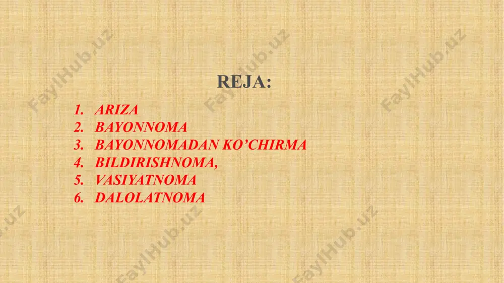 adi). 3. da'vogarning to'liq nomi va manzili (2-qismning ostiga yoziladi). 4. javobgarning to'liq nomi va manzili (3-qismning ostiga yoziladi). 5. da'vo summasi (bu qism 4-qismning so'nggi satrlari bilan bir chiziqda bo'lishi talab qilinadi). 6. hujjat nomi (da'vo arizasi). 7. da'vo arizasining matni (mazmuni) - matnda nizoning mohiyati, da'vogarning nizoni ko'ngilli ravishda hal qilish yo'lidagi chora-tadbiri va uning natijalari, da'vogarning javobgar tomonga qo'ygan talablari, talablarning haqqoniyligiga dalillar aniq va yaqqol bayon qilinadi. 8. ilovalar (da'vogarning talablarini asoslovchi barcha hujjatlar sanaladi). bayonnoma turli yig'ilish, kengash va boshqa tur anjumanlarning borishini, majlis qatnashchilarining chiqishlari va ular qabul qilgan qarorlarni aniq, siqiq holda qayd qiluvchi rasmiy hujjat. u voqelikning o'rni, vaqti va holati haqida ma'lumot berish bilan birgalikda, qarorlarning to'g'ri qabul qilinganligini tekshirish va ularning bajarilishini nazorat qilishga imkon beradi. doimiy ish ko'ruvchi organlar (ilmiy kengash, hay'at va boshqalar), shuningdek, vaqtinchalik ish ko'ruvchi organlar (konferensiyalar, yig'ilishlar, anjumanlar, komissiyalar) faoliyatlarida, albatta, bayonnoma yozilishi kerak. yig'ilish …