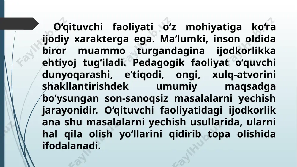 biy meroslarida muomala madaniyati, xushmuomalalik, tilning ahamiyati to‘g‘risida, shirinso‘zlik haqida noyob fikrlarni bayon qilgan. bygungi kunda ham bu fikrlar o‘z ahamiyatini yo‘qotgan emas. “til shirinligi – ko‘ngilga yoqimlidir, muloyimligi esa foydali. shirin so‘z sof ko‘ngillar uchun asal kabi totlidir” - deydi alloma. nizoli vaziyatga tushib qolib o’qituvchi o’zining faolligini yoki suhbatdoshini yahshiroq tushunishga yoki nizoni bostirish yoki uni oldini olish maqsadida o’z psihologik holatini boshqarishga qaratishi mumkin. birinchi holatda nizoli vaziyatni hal qilishga insonlar orasidagi bir-birini tushunishlarini yo’lga qo’yish, anglashilmovchiliklarni, kelishmovchiliklarni yo’qotish yo’li bilan erishiladi. umuman olganda, boshqa insonni tushunish ancha murakkab. tajribali pedagoglar nimani gapirishni (dialogda mazmunini tanlash), qanday gapirishni (suhbatni emotsional tusda olib borish), bolaga qaratilgan nutqda maqsadga erishish uchun qachon gapirishni (vaqti va o’rni), kimning oldida va nima uchun gapirishni (natijaga ishonch) biladi. pedagogik konflikt–pedagogik jarayonda shahslararo munosabatlarning keskinlashuvi natijasi sifatida yuzaga keluvchi muamoli vaziyatdir. pedagogik konfliktlarning quyidagi shakllari yuzaga keladi: o’quvchi-o’quvchi o’quvchi-o’qituvchi o’qituvchi-o’qituvchi pedagogik jarayonning muhim …