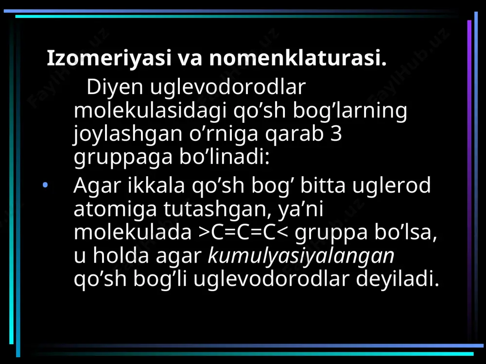 юсупов д., “органик кимё” 1,2 кисм тошкент 1995 www.ziyonet .uz www.google.uz/ru www.uzstudent.uz www.chemical.com www.referat.uz www.yandeks.ru www.wikipedia.ru ch 3 – ch 2 – ch 2 – ch 3 ch 2 = ch – ch 2 – ch 3 + h 2 cr 2 o 3 600 0 c ch 2 = ch – ch 2 – ch 3 ch 2 = ch – ch = ch 2 + h 2 cr 2 o 3 600 0 c ch 3 – ch 2 – ch 2 – ch 3 ch 2 = ch – ch 2 – ch 3 + h 2 cr 2 o 3 600 0 c ch 3 – ch 2 – ch 2 – ch 3 ch 2 = ch – ch 2 – ch 3 + h 2 cr 2 o 3 600 0 c ch 2 = ch – ch 2 – ch 3 ch 2 …