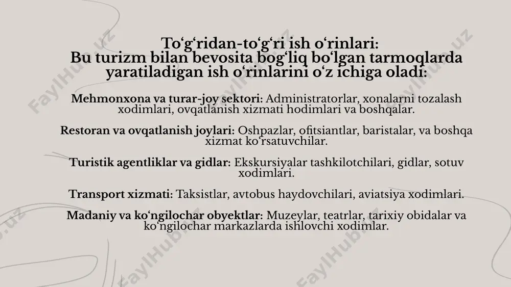 iyalar va xalqaro moliyaviy tushumlar: xorijiy investitsiyalar: turizm infratuzilmasini rivojlantirish uchun xorijiy kompaniyalarning mablag‘ kiritishi. moliyaviy grantlar va subsidiyalar: xalqaro tashkilotlardan turizmni rivojlantirish uchun olinadigan grantlar. o‘zbekiston misolida daromad manbalari: o‘zbekistonda turizm iqtisodiyotidagi daromad manbalari quyidagilardan iborat: tarixiy shaharlar (samarqand, buxoro, xiva): muzeylar va tarixiy joylarga kirish to‘lovlari. milliy festivallar: navro‘z, hunarmandchilik festivallari va gastronomik tadbirlardan tushgan daromadlar. ziyorat turizmi: diniy va ma’naviy markazlarga tashrif buyuruvchi turistlardan tushadigan to‘lovlar. turizm iqtisodiyotida investitsiyalarni jalb qilish turizm sohasida investitsiyalarni jalb qilish nafaqat iqtisodiyotni rivojlantirish, balki turizm infratuzilmasini takomillashtirish, xizmat sifatini oshirish va global turizm bozorida raqobatbardosh bo‘lish uchun ham muhim ahamiyatga ega. quyida turizm iqtisodiyotida investitsiyalarni jalb qilishning ahamiyati, usullari va asosiy yo‘nalishlari haqida batafsil ma’lumot berilgan. 1. investitsiyalarni jalb qilishning ahamiyati turizm sohasiga kiritilgan investitsiyalar quyidagi jihatlar bo‘yicha foyda keltiradi: infratuzilmani rivojlantirish: mehmonxonalar, transport tarmoqlari, aeroportlar, dam olish maskanlari kabi infratuzilma ob’ektlari quriladi yoki yangilanadi. mahalliy iqtisodiyotni rivojlantirish: investitsiyalar ish o‘rinlari …
