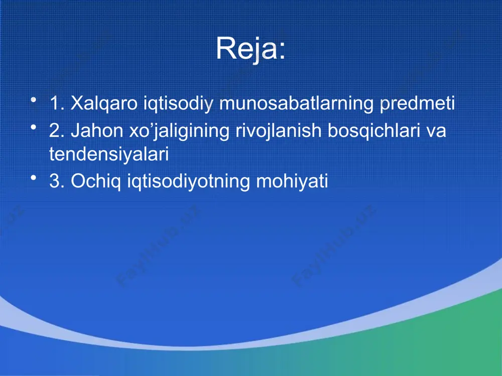 kiradi: xalqaro mehnat taqsimoti. xalqaro tovar va xizmatlar savdosi. xalqaro kapital va xorijiy investitsiyalar harakati. xalqaro ishchi kuchi migratsiyasi xalqaro valyuta-moliya va kredit munosabatlari. xalqaro iqtisodiy munosabatlarning nazariya va amaliyotini о‘rganish paytida biz jahon xо‘jaligi degan tushunchaga duch kelamiz. xalqaro iqtisodiy munosabatlarning obyektiv asosi bо‘lgan jahon xо‘jaligi xim nazariya va amaliyoti tadqiqotining maxsus о‘rganish obyekti emas. ammo u, xim muammolarini kо‘rib chiqishda muhim komponent hisoblanadi. tashqi bozorga yuz tutgan kо‘plab qarama-qarshiliklar va turlicha tendensiyalarni saqlab qolgan holda xxi asr bо‘sag‘asidagi jahon xо‘jaligi xx asr о‘rtasidagi jahon xо‘jaligidan solishtirib bо‘lmaydigan darajada kо‘proq ajralmas, integratsiyalashgan va dinamikdir. mamlakatlarning ochiqroq iqtisodiyotga о‘tishlari transmilliy korporatsiyalar (tmk) faoliyati bilan tezlashdi. yangi bozorlarni о‘zlashtirishga intilib, turli mamlakatlarda kо‘plab filiallar, shu’ba korxonalari tashkil etib, tmk chet davlatlarning proteksionistik tо‘siqlarni aylanib о‘tardilar va xalqaro iqtisodiy ayirboshlashni baynalminallashtirdilar. markaziy osiyo davlatlari o’z siyosiy mustaqilliklarini qo’lga kiritishlari bilan sanoat ishab chiqarishdagi qoloqliklarini bartaraf qilish yo’lini izlamoqda va bu borada salmoqli …