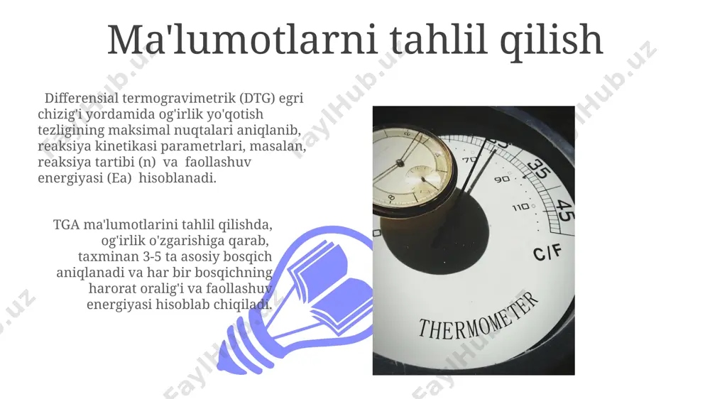 mkonini beradi. fazaviy o'zgarishlarni aniqlash tga, 100-1500°c oralig'ida 0.1 mg aniqlik bilan massaning o'zgarishini kuzatishga imkon berib, kristall tuzilmalarining, faza o'tishlarining va kimyoviy parchalanishning boshlanish va yakunlanish haroratlarini aniqlashga yordam beradi. fazaviy o'zgarishlarni aniqlash termogravimetrik tahlil (tga) yordamida moddaning massasini harorat funksiyasi sifatida o'lchash orqali amalga oshiriladi, bu esa 5-10% ga yaqin massaning yo'qolishi yoki o'sishini aniqlash imkonini beradi. xulosa va istiqbollar termogravimetrik analiz (tga) usuli yordamida 1000°c gacha bo'lgan harorat oralig'ida 5 dan ortiq moddaning termal barqarorligini aniqlash mumkin, bu esa materialshunoslikda yangi qotishmalarni ishlab chiqishda muhim ahamiyatga ega. kelajakda tga usuli nanomateriallarni, polimer kompozitlarini va dorivor moddalarni tadqiq qilishda, shuningdek, taxminan 15-20% ga tezroq analiz vaqtini ta'minlaydigan avtomatlashtirilgan tizimlarni qo'llash orqali yanada keng qo'llanilishi mumkin. afzalliklari va kamchiliklari 01 02 termogravimetrik tahlilning asosiy afzalliklaridan biri uning yuqori aniqligi va takrorlanuvchanligi bo'lib, 0.1% gacha bo'lgan aniqlikka erishish mumkin, bu materialning tarkibiy o'zgarishlarini aniqlashga imkon beradi. sales 1st qtr 2nd …