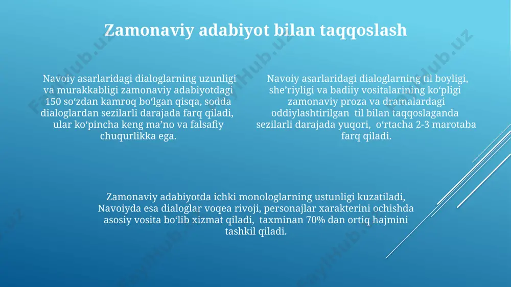 rtiq misol keltirilgan. til va uslub xususiyatlari навоий асарларидаги диалогларда тахминан 10-15% фоиз лирик чекинмалар кузатилади, булар қаҳрамонларнинг ички дунёсини чуқурроқ очиб беради. навоий диалогларида 2-3 та шахснинг иштироки билан кескинлик, эмоционаллик ва маъновий бойликка эга бўлган мураккаб репликали конструкцияларнинг кўп учраши кузатилади. шоирнинг диалогларида нутқ услубларининг (бадиий тасвирлар, мақоллар, таърифлар) хилма-хиллиги уларнинг экспрессивлик даражасини 30% гача оширади. e'tiboringiz uchun rahmat @taqdimot_robot