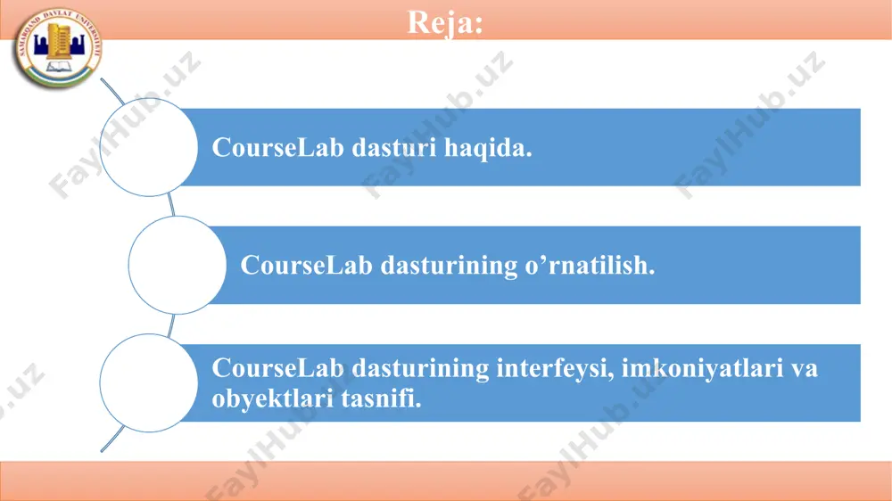 g/) scorm 1.2 (http://www.adlnet.org/) scorm 2004 (scorm 1.3) (http://www.adlnet.org/) 2. courselab dasturining o’rnatilish. courselab dasturi ham boshqa dasturlar kabi darturning o’rnatish paketi orqali o’rnatildi. paketni courselab ning rasmiy saytidan sotib olish, yoki demo versiyasini yuklab olishingiz mumkin. bundan tashqari internetdagi dasturiy vositalarning keng assortimentini taqdim etuvchi boshqa saytlar ham talaygina. siz o’rnatish paketini ana shunday saytlardan yuklab olishingiz ham mumkin. paket yuklab olingach uni raspakovka qilasiz va uning tarkibidagi .exe kengaytmali faylni ishga tushirasiz. so’ngra keying chiquvchi oynalardagi o’rnstish shartlari va ketma- ketligini o’qigan holda ularga amal qilib borasiz. natijada courselab dasturi kompyuteringizga o’rnatiladi va uning yorliqchasi ish stolingizda paydo bo’ladi. 2. courselab dasturining o’rnatilish. 1-rasm. courselab da ro’yxatdan o’tish oynasi 2. courselab dasturining o’rnatilish. 2-rasm. courselab da ro’yxatdan o’tish 3. courselab dasturining interfeysi, imkoniyatlari va obyektlari tasnifi. courselab juda qulay va tushunarli interfeysga ega, ammo uni zamonaviy deb aytish qiyin: u microsoft office ning 10 yil avvalgi uslubida yaratilgan …
