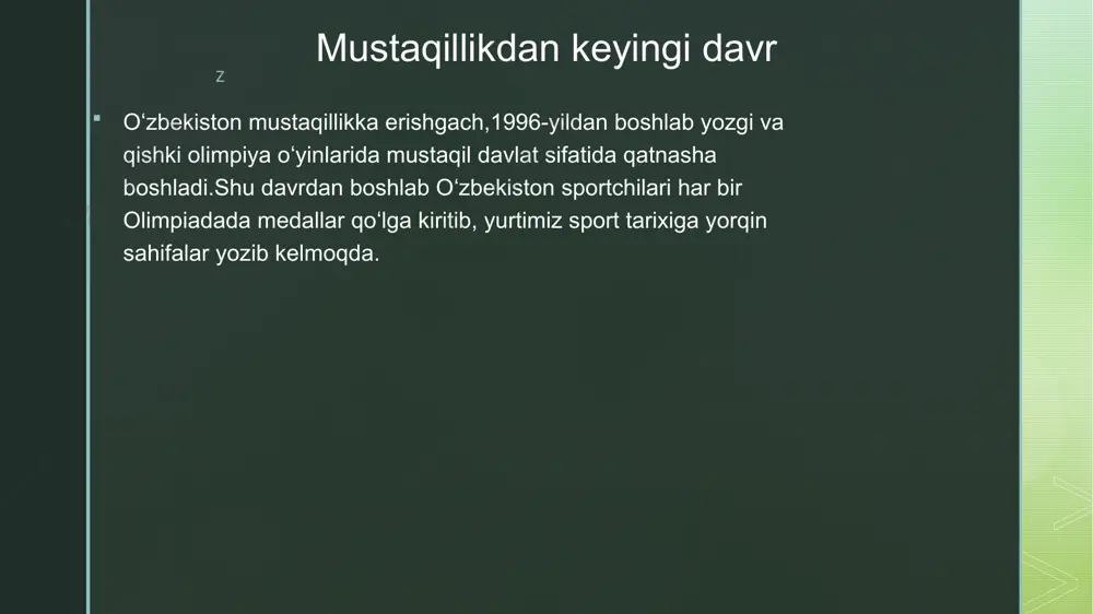 iz a’zolari bilan shvetsiyada o’tkaziladigan jahon chempionatiga tayyorgarlik ko’rayapmiz. ular bilan birga astoydil mashg’ulotlarda qatnashmoqdamiz. tez orada respublikamiz viloyatlarida seminar va mahorat darslari o’tkazishni rejalashtirganmiz. qolaversa, 2020 yili tokio shahrida bo’ladigan yozgi olimpiya o’yinlariga tayyorgarlikni ham qizg’in davom ettirayapmiz. nasib qilsa, o’zbekiston kelajakda stol tennisi bo’yicha ham nufuzli xalqaro musobaqalarda o’z o’rnini topadi. tadbir davomida sport sohasida ko’plab yutuqlarni qo’lga kiritgan sportchi-ayollar tashkilotchilar tomonidan esdalik sovg’alari bilan taqdirlandi. z z parij—2024. o‘zbekiston sportida yangi sahifa ochgan musobaqa tafsiloti parij olimpiadasi o‘zbekiston delegatsiyasi uchun omadli keldi. birinchidan, o‘zbekiston delegatsiyasi birinchi bor o‘z tarixidagi eng katta tarkib bilan musobaqalarga kirishdi. z bundan tashqari, o‘z tarixida birinchi bor jamoaviy sport turlarida olimpiadaga yo‘l oldi. o‘zbekiston u-23 jamoasi osiyo chempionatida finalga yo‘l olib mamlakat tarixida ilk bor olimpiada yo‘llanmasini qo‘lga kiritdi. z o‘zbekiston ushbu olimpiadada 13 ta medalga ega chiqdi. 8 ta oltin, 2 ta kumush va 3 ta bronza medalini qo‘lga kiritgan olimpiyachilar …