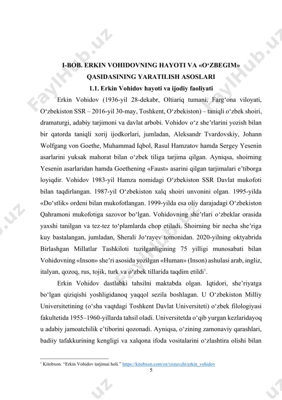 shlar yaqqol ko‘zga tashlanadi. erkin vohidov o‘zining keng qamrovli, badiiy jihatdan yetuk, g‘oyaviy mazmunga boy she’riyati bilan zamonaviy o‘zbek adabiyotining eng yirik vakillaridan biri sifatida adabiy jarayon tarixida o‘chmas iz qoldirgan. uning she’rlari o‘zbek tili go‘zalligi, xalqona ohanglar, boy ma’naviy meros va hozirgi davr muammolarini bir butun qilib uyg‘unlashtirganligi bilan ajralib turadi. ayniqsa, erkin vohidov o‘z she’riyati orqali o‘zbek xalqining ruhiy olami, orzu-umidlari, qadriyatlari, vatanparvarlik tuyg‘ularini teran aks ettirishga erishgan. bu jihatlar uning asarlarini xalq orasida mashhur va sevimli qilgan. shoir o‘zbek she’riyatida g‘azal janrining yangi bosqichda qayta yashnashiga katta hissa qo‘shgan. u o‘z g‘azallarida navoiy an’analarini davom ettirib, zamonaviylik, hayotiylik va milliy ruhni birlashtira olgan. bu bilan u g‘azalga ham nafaqat estetik, balki ijtimoiy va ruhiy yuklama bergan. erkin vohidov o‘z ijodi orqali g‘azalni nafaqat tarixiy janr, balki bugunning ham dolzarb badiiy shakliga aylantira olgan shoir sifatida e’tirof etiladi. erkin vohidovning o‘zbek she’riyati taraqqiyotidagi o‘rnini alohida belgilab beradigan jihatlardan …
