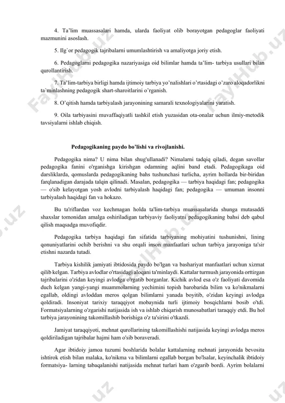 ikani boshqara oladigan shaxsni shakllantirish evaziga hal etilishini tasdiqladi. mazkur davrda ilg`or, progressiv pedagogik g`oyalar ilgari surildi. aksariyat g`oyalar mazmunida bilim olishga nisbatan ijtimoiy tenglikni qaror toptirish borasidagi qarash o’z ifodasini to’di. aynan shu davrda pedagogika fani asoslari muayyan tizimga solindi va ilmiy jihatdan asoslandi. bu o’rinda pedagogika fani rivojiga o’zining munosib hissasini qo’shgan mutafakkirlar: g`arbda — ya.a.komenskiy, d.didro, j.j.russo, f.gerbart, v.v.disterveg, k.d.ushinskiy, a.s.makarenko, v.a.suxomlinskiy, sharqda i.ibrat, s.siddiqiy, a.shakuriy, s.ayniy, a.avloniy, a.fitrat, h.h.niyoziy, m.abdurashidov, m.behbudiylar shaxsga ta’lim berish va uni tarbiyalash borasidagi qarashlarni yanada boyitdilar hamda ta’lim tizimiga ilm-fan, texnika yangiliklarini tatbiq etish, o’qitishni yangi tizim (izchil, uzluksiz, asoslangan) asosida tashkil etish kabi g`oyalarni ilgari surdilar. sobiq sho’ro davrida pedagogika fani mazmunan ilm-fan, texnika va texnologiya yutuqlari asosida boyidi, ta’lim muassasalari tizimi shakllantirildi, shuningdek, har tomonlama (gormonik) rivojlangan shaxsni shakllantirish nazariyasi asoslandi. biroq, mazkur nazariya g`oyalarini amaliyotga tatbiq etishning puxta asoslangan mexanizmi yaratilmadi. pedagogika kontekstlik ma’nosiga ega bo‘lib o‘rganuvchining turli …