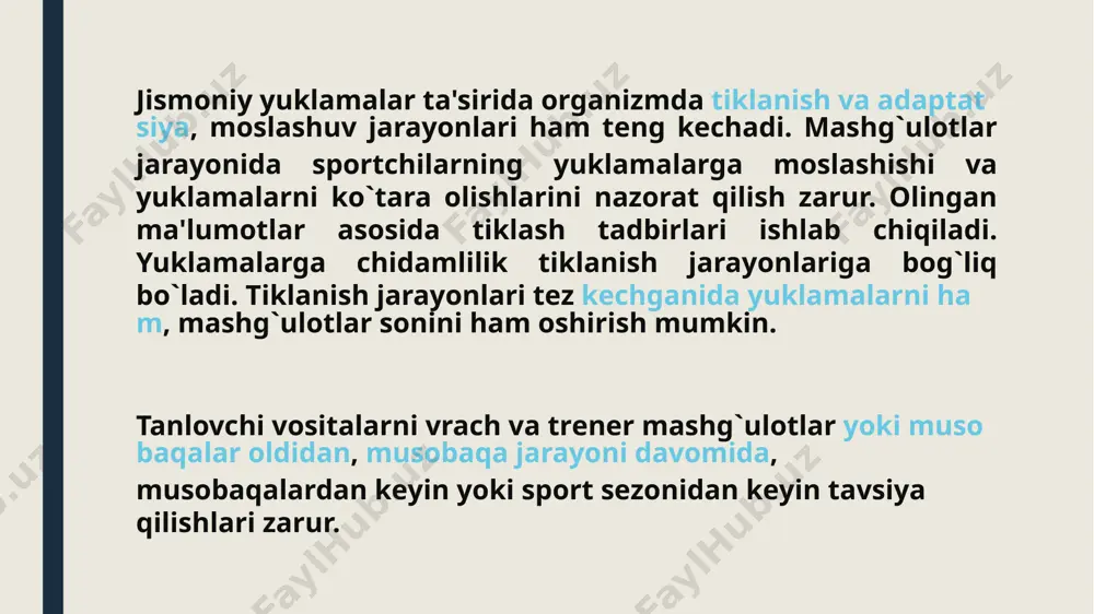 tta samarali bajariladi. masalan, oddiy aralash dietada (kmu) veloergometrda mpkning 75% tashkil qilingan jadallikda mashq 114 daq davomida, uglevod dieta – 167 daq, oqsil-yog’ dietada atigi 57 daqiqa davomida to`xtovsiz mashq birinchi hodisada glikogenni miqdori 1,75 g/100 g mushakni og’irligiga teng, ikkinchisida – 3,51 /100 g uchinchisida esa atigi 0,63 g/100 g ekanligini aniqlashgan. sportda qo`llaniladigan qayta tiklash vositalari. mushaklarda kislarodning tarkibi qancha kam bo`lsa, shuncha uzun masofaga yugurish tezligi past bo`ladi. energogen dieta nafaqat sportchilarni ish qobilyatini oshirishda, shu bilan sportchilarni mashg’ulotlar va musobaqalarni samaradorligini ta`minlashda ham qo`llaniladi. e’tiboringiz uchun rahmat image1.jpeg image2.jpeg /docprops/thumbnail.jpeg