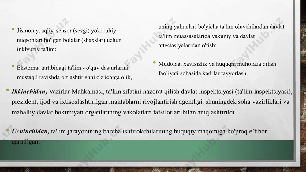 ekor qilish kadrlar tayyorlashning milliy modeli 1. shaxs 2. davlat va jamiyat 3. uzluksiz ta'lim 4. uzluksiz ta'limni tashkil etish va rivojlantirish printsiplari 5. uzluksiz ta'limni isloh qilish yo'nalishlari 6. uzluksiz ta'lim tizimi va turlari. maktabgacha ta'lim. umumiy o'rta ta'lim. o'rta maxsus, kasb-hunar ta'limi oliy ta'lim oliy o'quv yurtidan keyingi ta’lim kadrlar malakasini oshirish va ularni qayta tayyorlash maktabdan tashqari ta’lim 7. kadrlar tayyorlash tizimida fan 8. kadrlar tayyorlash tizimida ishlab chiqarish kadrlar tayyorlashning milliy modeli • kadrlar tayyorlash tizimining bosh sub'ekti va ob'ekti, ta'lim sohasidagi hizmatlarning iste'molchisi va shaxs ularni amalga oshiruvchi davlat • ta'lim va kadrlar tayyorlash tizimining faoliyatini tartibga solish va nazorat qilishni amalga oshiruvchi va kadrlar tayyorlash va ularni qabul qilib olishni kafillari jamiyat • malakali raqobatbardosh kadrlar tayyorlashning asosi bo'lib, ta'limning barcha turlarini, davlat va ta'lim uzluksiz standartlarini kadrlar tayyorlash tizimi tuzilmasi va uning faoliyat ko'rsatish muhitini o'z ichiga oladi ta’lim • yuqori malakali mutaxassislar …