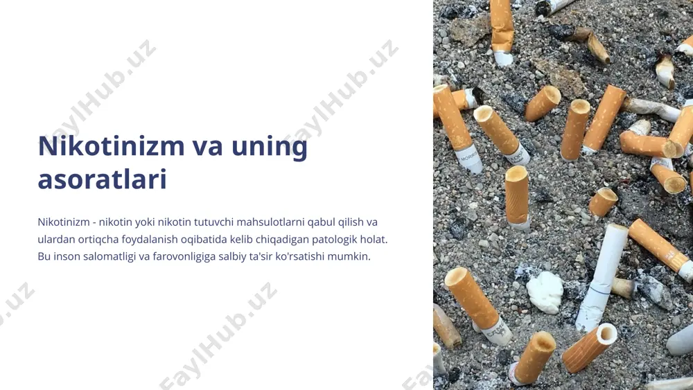a oʻpka tomonidan parchalanadi 4 chiqarilish nikotin va uning metabolitlari siydik, nafas olish va terilar orqali chiqarib tashlanadi nikotinning organizmdagi metabolizmi jarayoni besh bosqichdan iborat: emish, yutilish, parchalanish, metabolitlarga ajralish va chiqarib tashlanish. bu jarayon nikotinning oʻsmirlar va ayollar organizmiga yomonkoʻrinishli ta'sirlarini anglashtirish uchun juda muhimdir. 5 nikotinning biologik ta'sir mexanizmi 1 nikotinning reseptor bog'lanishi nikotin orqali ta'sir ko'rsatuvchi asosiy mexanizm nikotinning markaziy va periferiyadagi nikotinik xolinergik (nach) reseptorlariga selektiv ravishda bog'lanishi hisoblanadi. bu bog'lanish muskulni harakatlantiruvchi, diqqatni jalb qiluvchi va ehtiroslarni uyg'otuvchi xususiyatlar hosil bo'lishiga olib keladi. 2 nikotinning sinapslardagi chiqarilishini oshiruvchi ta'siri nikotin reseptorlarga bog'lanish orqali dopamin, noradrenalin va serotonin kabi mediatorlarning sinapslarda chiqarilishini kuchaytiradi. bu moddalar miyada haqiqiy zavqni uyg'otadi va ehtiros his-tuyg'ularning paydo bo'lishiga sababchi bo'ladi. 3 nikotinning ortosimpatik tizimni faollashtiruvi nikotin ortosimpatik tizimni faollashtirish orqali organizmdagi ichki a'zolar faoliyatiga ta'sir qiladi. bu esa yurak urishi, qon bosimi, oshqozon-ichak trakti faolligining oshishi, ter ajralishi kabi vegetativ …