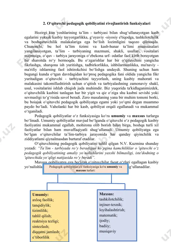 dkorligida namoyon bo‘ladi. ijodkorlik - bu sifat jihatidan yangi, original va takrorlanmas biror yangilikni paydo qiluvchi faoliyatdir. mahsuldor ijodkorlikda belgilangan har qanday muammo muvaf​faqiyatli hal qilinadi; ijod qilishga layoqatli bo‘lgan o‘qituvchilarning asosiy qismida bu jihatlar namoyon bo‘ladi. evristik ijodkorlik, jamiyatda ro‘y berayotgan kasbiy faoliyatga oid yangiliklami dadil o‘zlashtirish va targ‘ib qilishni anglatadi, ya'ni uning asosida g‘oyalar (farazlar) hosil qilish jarayonini intensifikatsiya qilish va ularning haqiqatga yaqinligini (ehtimolligini, ishonchliligini) izchil amalga oshirish va bunda yangi holatda dadil harakat qilish qobiliyati, fikrlash jarayoni asosida tafakkurni rivojlantirish kuzatiladi. kreativ ijodkorlikda o‘qituvchi ijtimoiy ahamiyatga ega bo‘lgan yangi nazariyalarni yaratadi, o‘z fikrlari va takliflari bilan chiqadi, mohir va tajribali, layoqatli o‘qituvchilargina bunga erishishi mumkin. tabiiy anatomik-fiziologik layoqat nishonalari qobiliyatlarning fiziologik asosini tashkil etadi. keyinchalik qobiliyatga aylanadigan layoqat nishonalarining majmui insonning iste'dodi deyiladi. insondagi bilish va layoqat nishonalari jarayonlarining yig‘indisi. iste'dodining yuksak cho‘qqisi - uning intellektini belgilaydi. “intelekt - bu aqlan ish ko‘rish, ratsional fikrlash va …