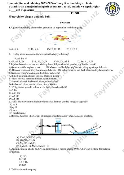 o‘zlashtirish darajasini aniqlash uchun test, savol, masala va topshiriqlar — DOCX