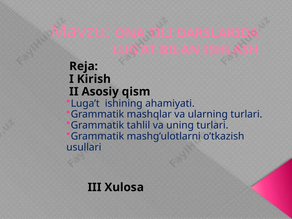 ining qurilishi va mazmunini bilish; yuqorida nomlangan hujjatlarda qo`yilgan talablarni darsliklar va qo`llanmalarning mеtodik tavsiyalarini o`quv-tarbiya ishlarida o`quvchilar uchun to`g`ri amalga oshirish; ona tili darslarida o`zbеkona aхloq-odobni singdirish masalalarni hal etish, ilmga qiziqishni, aqliy sifatlarni, shuningdеk, g`oyaviy ishonch, mehnatsеvarlik maqsadni amalga oshirishda qat`iylik, intizomlilik, vatanparvarlik kabi aqliy–axloqiy sifatlarni shakllantirish; ona tilidan o`quv matеriali bo`lgan bolalar kitoblarini, o`qish va yozishga o`rgatish uchun kеrakli bo`lgan qo`shimcha matеriallarni, imloviy mashqlarni, diktantlarni, grammatik tahlil, qayta hikoyalash va bayon uchun matnlarni, insho uchun mavzu va matеriallarni mustaqil tanlash va ulardan to`g`ri foydalanish; o`quvchilarga o`qish va yozuv nutq namunasini ko`rsatish, darsda maqsadga muvofiq nutqiy sharoitni va yuqori madaniyatni ta`minlash; o`quvchilarni turli mavzularda suhbat o`tkazishga, bayon va insho; hikoya qilish va qayta hikoyalash, ifodali o`qish, ijodiy ishlar, lеksik ishlar,diktantlar, tilni tahlil qilish kabi mashg`ulotlarga tayyorlash va uni o`tkazish, ko`rgazma va tехnik vositalardan foydalanib, o`quvchilarni bilim faoliyati va mustaqilligini ta`minlash; ona tilidan ma`lum bo`lim va mavzularni o`rganish, qator …