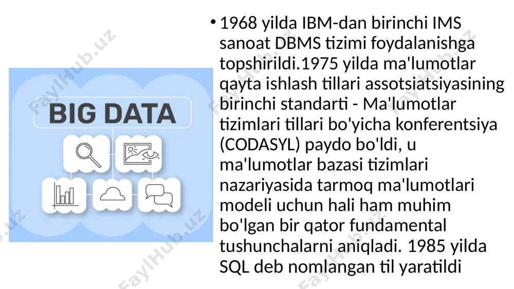 otlar - bu relyatsion ma'lumotlar bazalari (jadvallar) dan olingan ma'lumotlar. o'zgaruvchan ma'lumotlar - bu muammoni hal qilish jarayonida uning qiymatlarini o'zgartiradigan ma'lumotlar doimiy ma'lumotlar - bu muammoni yechishda o'z qadriyatlarini saqlaydigan ma'lumotlar (matematik konstantalar, statsionar jismlarning koordinatalari) va tashqi omillarga bog'liq emas.ymatlarini o'zgartiradigan ma'lumotlar 1-jadvalda ma'lumotlar bazasini ifodalovchi ikki o'lchovli jadval keltirilgan umumiy to'plam (populyatsiya) - tadqiqotchini qiziqtirgan barcha o'rganilayotgan ob’yektlar to'plami. namuna (sample) - ma'lum populyatsiyaning xususiyatlari va xususiyatlari to'g'risida tadqiq qilish va xulosalar chiqarish uchun ma'lum usulda tanlangan qismi. parametrlar - umumiy populyatsiyaning raqamli xususiyatlari. statistikalar - namunaning raqamli xarakteristikalari. tadqiqotlar ko'pincha farazlarga asoslangan. gipotezalar ma'lumotlar bilan tasdiqlangan. gipoteza - bu ob’yekt tomonidan tekshirilishi kerak bo'lgan ob’yektlar to'plamining parametrlariga oid taxmin. gipoteza - bu turli xil empirik faktlar orasidagi bog'lanish uchun yoki bir faktni yoki bir guruh faktlarni tushuntirish uchun xizmat qiladigan qisman asoslangan bilimlar shakli. gipotezaga misol: umr ko'rish davomiyligi va ovqatlanish sifati o'rtasida bog'liqlik mavjud. ma`lumotlarni …