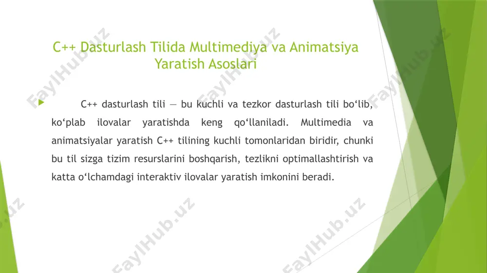 audio va video fayllarini o‘qish va ijro etish imkoniyatini beradi. input (kiruvchi): klaviatura, sichqoncha va boshqa qurilmalardan kirishni olish imkonini beradi. 2. sfml (simple and fast multimedia library) sfml — bu c++ tilida o‘yinlar va multimedia dasturlarini yaratishga mo‘ljallangan kutubxona. sfml o‘zi o‘ta soddalashtirilgan va tezkor, bu esa yangi boshlovchi dasturchilar uchun qulay. sfml, 2d grafikalar, audio va video, tarmoq, va hatto oddiy foydalanuvchi interfeysi bilan ishlash imkoniyatlarini taqdim etadi. sfml o‘zining soddaligi va qulay interfeysi bilan mashhur. sfml xususiyatlari: 2d grafika: sfml 2d grafikalar bilan ishlashni juda osonlashtiradi. audio va video: sfml yordamida audio va video fayllarini ijro etish mumkin. tarmoq aloqasi: sfml tarmoq ilovalarini yaratishda ham yordam beradi. kengaytirilgan imkoniyatlar: sfmlning o‘zida tarmoq aloqalari, foydalanuvchi interfeysi va boshqa ko‘plab funktsiyalar mavjud. 3. opengl (open graphics library) opengl — bu yuqori darajadagi grafiklar va 3d tasvirlar yaratish uchun mo‘ljallangan kutubxona. opengl yordamida 2d va 3d grafikalar yaratish mumkin. u …
