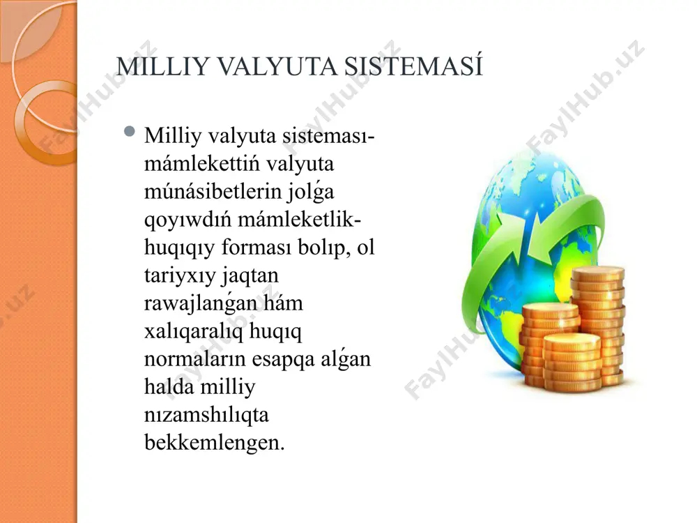 het el valyuta hám altın menen operaciyalar túrleri. nde pariteti milliy pul sistemasınıń elementi sıpatında eki valyuta ortasında nızamlı belgilengen ayırmashılıq ( máselen, 1 evro=3,445 lit; 1 evro=15,64est.kron) hám valyuta kursınıń tiykarı esaplanadı1970-jıllardıń baslarına shekem valyuta kursınıń tiykarı, olar átirapında ózgerip turatuǵın yadrosı valyuta pariteti edi- olardaǵı altın muǵdarı boyınsha eki salıstırılatuǵın valyuta ayırmashılıǵı, mámleket xvfna aǵza bolǵanında nızamlı dizimge alınǵan. valyuta kursı rejimi milliy pul sistemasınıń eń áhmiyetli elementlerinen biri. bir waqıtlar xvfna aǵza barlıq mámleketler ushın jalǵız bolǵan ( valyuta pariteti atirapında +1%), búgingi kúnde valyuta kursı rejimi mámlekettiń pul-kredit organları tárepinen ǵárezsiz ráwishte belgilenedi. tar shegaralar ishinde ózgerip turatuǵın qatań stavkalar bar; qatań shegaralarsız bazar shárayatlarına qaray ózgeretuǵın kurslar hám olardıń sortları, máselen, maslasıwsań belgilengen stavkalar, tártipke salınatuǵın “júziwshi” ( valyuta bánti) 13 valyuta sheklewleriniń barlıǵı ( yaki joqlıǵı). xvf nızamı font aǵzalarına bazı jaǵdaylarda tólem balansı menen baylanıslı qıyınshılıqlardı joq etiw ushın valyuta qadaǵalawın jolǵa qoyıw …