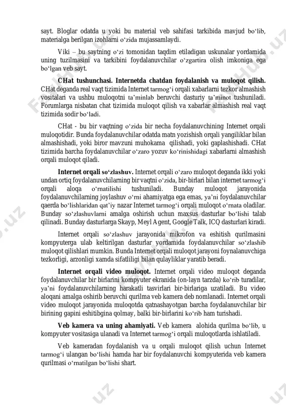 qali o‘zaro muloqot deganda ikki yoki undan ortiq foydalanuvchilarning bir vaqtni o‘zida, bir-birlari bilan internet tarmog‘i orqali aloqa o‘rnatilishi tushuniladi. bunday muloqot jarayonida foydalanuvchilarning joylashuv o‘rni ahamiyatga ega emas, ya’ni foydalanuvchilar qaerda bo‘lishlaridan qat’iy nazar internet tarmog‘i orqali muloqot o‘rnata oladilar. bunday so‘zlashuvlarni amalga oshirish uchun maxsus dasturlar bo‘lishi talab qilinadi. bunday dasturlarga skayp, meyl agent, google talk, icq dasturlari kiradi. internet orqali so‘zlashuv jarayonida mikrofon va eshitish qurilmasini kompyuterga ulab keltirilgan dasturlar yordamida foydalanuvchilar so‘zlashib muloqot qilishlari mumkin. bunda internet orqali muloqot jarayoni foynalanuvchiga tezkorligi, arzonligi xamda sifatliligi bilan qulayliklar yaratib beradi. internet orqali video muloqot. internet orqali video muloqot deganda foydalanuvchilar bir birlarini kompyuter ekranida (on-layn tarzda) ko‘rib turadilar, ya’ni foydalanuvchilarning harakatli tasvirlari bir-birlariga uzatiladi. bu video aloqani amalga oshirib beruvchi qurilma veb kamera deb nomlanadi. internet orqali video muloqot jarayonida muloqotda qatnashayotgan barcha foydalanuvchilar bir birining gapini eshitibgina qolmay, balki bir-birlarini ko‘rib ham turishadi. veb kamera va …