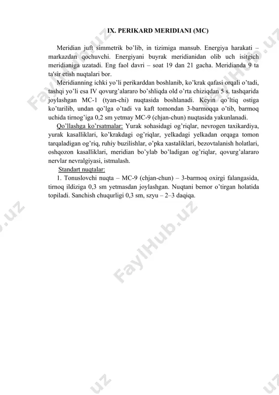 sida joylashgan. nuqtani bemor o’tirgan yoki yotgan holatida topiladi.sanchish chuqurligi 1 sm, szyu – 3–10. 3. qo’llanma nuqta – mc-7 (da-lin) – (tinchlantiruvchiga qarang). 4. hamdard nuqta – v-14 (szyu-in-shu) – 4- va 5-ko’krak umurtqalarining qirrasimon o’siqlari oralig’idan 1,5 s. chekkada. nuqtani bemor o’tirgan yoki qorin bilan yotgan holatida topiladi. sanchish chuqurligi 1 sm, szyu – 10–20 daqiqa. 5. signal nuqta – mc-1 (tyan-chi) – 4-qovurg’alararo oraliqda old o’rta chiziqdan 5 s. tashqaridagi chuqurchada joylashgan. nuqtani bemor orqa bilan yotgan holatida topiladi. sanchish chuqurligi 0,5–0,6 sm, igna yo’nalishi – deyarli gorizontal; szyu – 5–10 daqiqa. 6. mo’'tadillovchi nuqta (lo-punkt) – mc-6 (ney-guan) – kaftortidan 2 s. yuqorida kaftning uzun va qisqa mushaklari paylari orlig’ida joylashgan. sanchish chuqurligi 1,5 sm, szyu – 5–10 daqiqa. 7. og’riq qoldiruvchi nuqta – mc-4 (si-men) – bilak-kaftorti bo’g’imining proksimal burmasidan 5 s. yuqorida kaftning uzun va qisqa mushaklari oralig’idagi chuqurchada joylashgan. sanchish chuqurligi 1 sm, …