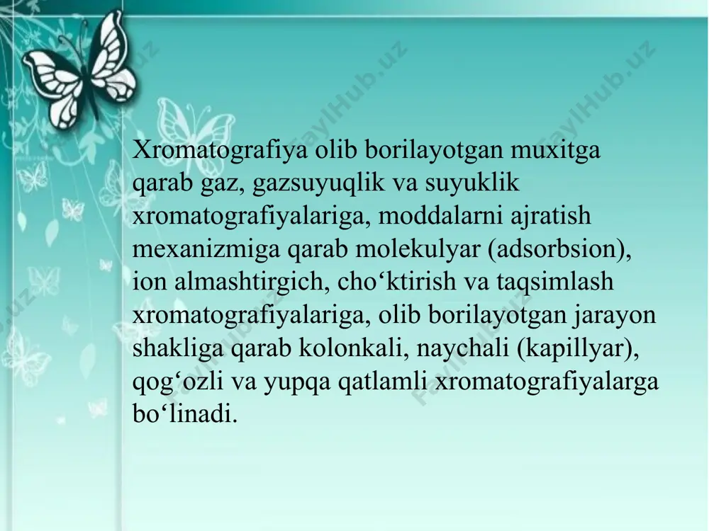adi. kolonkali suyuqlik xromatografiya da elyuyent sifatida oson uchuvchi erituvchilar (uglevodorodlar, efirlar, spirtlar), qoʻzgʻalmas faza sifatida esa silikagellar, alyumogellar, gʻovakli shisha va boshqa qoʻllanadi. xromatografiya usulining kashf etilishi tufayli organik kimyo, ayniqsa, tabiiy birikmalar kimyosi jadal rivojlandi. xromatografiya koʻp komponentli sistemalarni sifat va miqdoriy analiz qilish, sof holda ajratib olishsa (jumladan, sanoat miqyosida) katta axamiyat kasb etadi. xromatografiya yordamida nodir metallar analiz qilinadi. sunʼiy tayyorlangan transuran elementlarining ochilishida ham xromatografiya muhim rol oʻynadi. xromatografiya yordamida 99element — eynshteyniy (es), 100element — fermiy (fm) va 101element — mendeleyeviy (md) ajratildi. xromatografiya havo, suv, tuproq, monomerlar tarkibidagi aralashmalarni aniklashda, organik va neft kimyosi sintezi mahsulotlari analizida, doridarmonlar tozaligini aniklashda, kriminalistikada katta axamiyatga ega. kosmik kemalar gazi, mars atmosferasi gazi, oy tuprogʻidagi moddalarni analiz qilishda ham xromatografiya usullari joriy etilgan. xromatografiya yuqori molekulali birikmalar, ayniqsa, inson, hayvon, oʻsimlik, mikroblar dunyosiga tegishli biologik obʼyektlarning analizi uchun nihoyatda zarur. xromatografiya usullari oʻsimlik tarkibidagi birikmalarni aniqlash, …