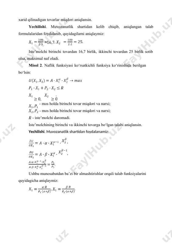 lchi nima qilishi zarur? a) oliy kategoriyali mahsulotlarni sotib olishi kerak; b) sifatsiz tovarlarni xarid qilmasligi; c) biror-bir tovar sotib olish uchun sarflanayotgan bir birlik pul miqdoridan olinayotgan naflilik boshqa bir tovardan ham bir birlik pul evaziga olinadigan naflilikka teng bo‘lishi zarur; d) pulning chekli nafliligi har bir tovar narxiga teng bo‘lishiga ishonch hosil qilishi kerak. 4. qaysi hollarda befarqlik kartasida joylashgan nuqtaga iste’molchining muvozanat holati deymiz? a) eng yuqorida joylashgan befarqlik chizig‘iga; b) byudjet chizig‘i bilan befarqlik egri chizig‘i kesishgan har qanday nuqtaga; c) byudjet chizig‘i bilan befarqlik chizig‘ining burchak koeffitsiyenti bir biriga teng bo‘lganda; d) byudjet chizig‘i chegarasidan tashqarida yotgan nuqtaga; 5. iste’molchilar daromadining ko‘payishi grafikda qanday o‘zgarish hosil qiladi? a) byudjet chizig‘i o‘ngga parallel siljiydi; b) byudjet chizig‘ining og‘ish burchagi o‘zgaradi; c) byudjet chizig‘i chapga parallel siljiydi; d) byudjet chizig‘ining og‘ish burchagi qisqaradi; image6.png image96.png image97.png image98.png image99.png image100.png image101.png image102.png image103.png image104.png image105.png image7.png image106.png image107.png …