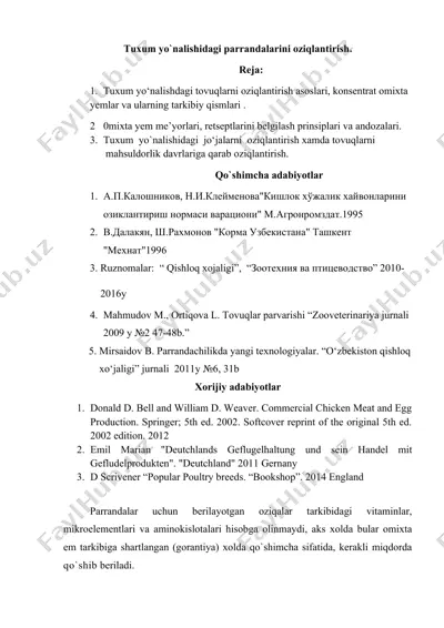 tuxum yo'nalishidagi parrandalarini oziqlantirish — DOCX