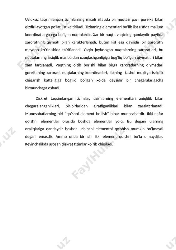 arur bo`lgan dastlabki ma’lumotlar fazoning turli nuqtalarida paydo bo`ladi. shuningdek, turli nuqtalarda masala yechimlarining biror bir yoki boshqa yechimlari talab qilinadi. ko`phollarda masala yechimi masalalarning yig`indisiga bo`lib tashlash mumkin va ulardan ayrimlari mujassamlanmagan bo`lishlari mumkin. barcha dastlabki ma’lumotlar fazoning bitta anuqtasida paydo bo`ladi va shu yerning masalalar yechimlari natijalarini talab qiladi. taqsimlangan masala ma’lumotlarini turli nuqtalardan olib va hisoblash natijalarini turli nuqtalarga yuboruvchi taqsimlangan algoritmlar bilan yechiladi. algoritm taqsimlanganligining tizimga tegishli signalni va fazoning turli nuqtalarida joylashgan bir necha bajaruvchilarining mavjudligi bo`lishi mumkindir (taqsimlangan bajaruvchi). ma’lumki, algoritm dastlabki ma’lumotlarni tashqari, ya’ni oraliqdagi ma’lumotlar bilan ham operatsiyalarni bajaradi, katta tizimlarda esa ma’lumotlar bazasi bilan ish olib boriladi. taqsimlangan algoritm oldida qonuniy ravishda savol paydo bo`ladi: – bu ma’lumotlar qay tarzda, –ma’lumotlarning mujassamlangan bazasi ko`rinishidami yoki taqsimlangan baza ko`rinishida shakllangan bo`ladimi? taqsimlangan algoritmlarning turlaridan biri – protokoldir. protocol aloqa kanali bilan ajralmagan xech bo`lmaganda ikkita raf mavjudligi bilan xarakterlanadi. taraflaning har biri …