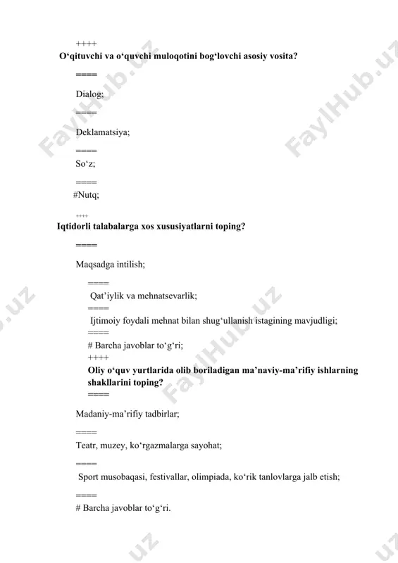 i shakllantirish uslublarini aniqlang? ===== tashakkur bildirish, jazolash ===== talab qo`yish, jamoatchilik fikridan foydalanish ===== ma`qullash, ko`ngilni ko`tarish va dalda berish, ishonch bildirish ===== #tushuntirish, uqtirish, ibrat-namuna, suhbat, munozara, axborotlar ++++ ”jahonda bo`lmasa muallim agar hayot ham bo`lmasdi go`zal bu qadar”. bu misralar kimning qalamiga mansub? ===== #a. jomiy ===== hadisdan ===== a. navoiy ===== ibn-sino ++++ «bolalarga hunar va mashg’ulotlarning foydasi haqida» nasihat («navodirul vaqoe») kitobining muallifi kim? ===== #ahmad donish ===== furqat ===== muqimiy ===== jo`ravoy qori ++++ tarbiyadagi asosiy g’oya «yo hayot – yo mamot, yo najot – yo halokat, yo saodat – yo falokat masalasidir» deb mushohada qilgan ma`rifatparvar kim? ===== navoiy ===== #a. avloniy ===== muqimiy ===== shakuriy ++++ o`qitiladigan fanlar, o`qitish uchun ajratilgan soatlar va o`quv yilining tuzilishini belgilab beruvchi davlat hujjatiga nima deb ataladi? ===== #o`quv rejasi ===== o`qish ===== kundalik ===== ish dasturi ++++ sinfdan tashqari tarbiyaviy ishlarning asosiy shakllarini belgilang? ===== …