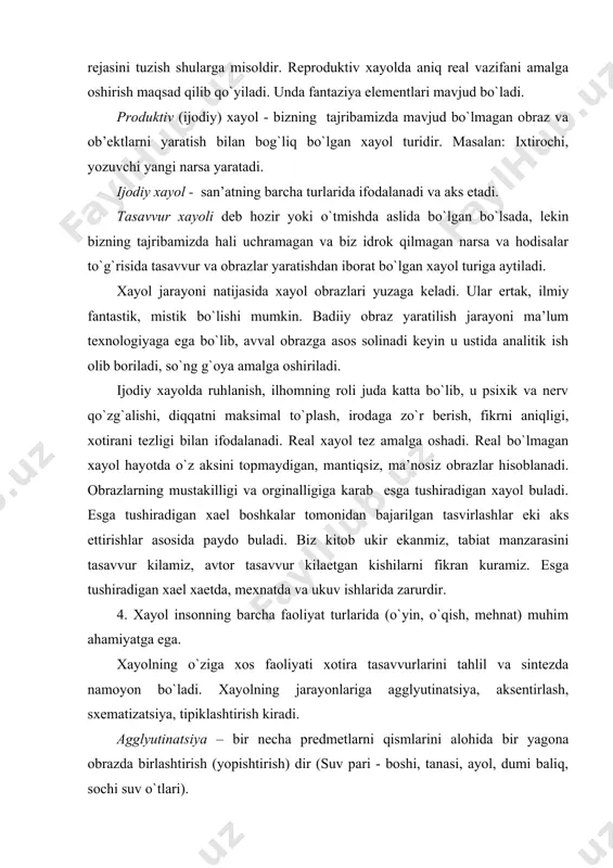 topmaydigan, mantiqsiz, ma’nosiz obrazlar hisoblanadi. obrazlarning mustakilligi va orginalligiga karab esga tushiradigan xayol buladi. esga tushiradigan xael boshkalar tomonidan bajarilgan tasvirlashlar eki aks ettirishlar asosida paydo buladi. biz kitob ukir ekanmiz, tabiat manzarasini tasavvur kilamiz, avtor tasavvur kilaetgan kishilarni fikran kuramiz. esga tushiradigan xael xaetda, mexnatda va ukuv ishlarida zarurdir. 4. xayol insonning barcha faoliyat turlarida (o`yin, o`qish, mehnat) muhim ahamiyatga ega. xayolning o`ziga xos faoliyati xotira tasavvurlarini tahlil va sintezda namoyon bo`ladi. xayolning jarayonlariga agglyutinatsiya, aksentirlash, sxematizatsiya, tipiklashtirish kiradi. agglyutinatsiya – bir necha predmetlarni qismlarini alohida bir yagona obrazda birlashtirish (yopishtirish) dir (suv pari - boshi, tanasi, ayol, dumi baliq, sochi suv o`tlari). xayolning murakkab xususiyatlari adabiy obrazlarni yaratishda aks etadi. xayol jarayonida xotira tasavvurlari kattalashtirish yoki kichiklashtirishda, predmet qismlarini ko`paytirishda ifodalanishi mumkin. aksentirlashtirish – u yoki bu xususiyatlarga urg`u berish orqali yangi obrazlarni yaratish. sxemalashtirish - biror bir obrazlarni tasvirlashda umumiy bosh xususiyatlarga to`xtalish. tipiklashtirish - bir xilda …
