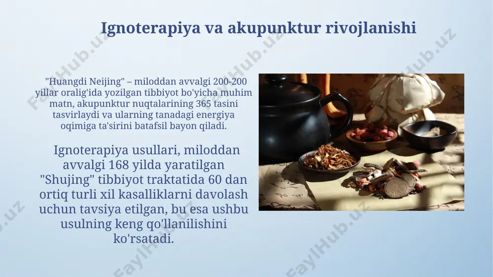 tizimi orqali energiya (tsi) va qonning harakati butun vujud bo'ylab 365 dan ortiq bioaktiv nuqtalar orqali tarqaladi, bu esa xitoyning an'anaviy akupunktur texnikasining asosini tashkil qiladi. xitoyning klassik tibbiy matnlari, masalan, “sarguzashtlar kitobi” (nei jing), qon aylanishining organlar va to'qimalar faoliyatiga ta'sirini batafsil tavsiflaydi, bu esa 5 element nazariyasi bilan chambarchas bog'liqdir. dastlabki tibbiy bilimlarning shakllanishi milodiy i asrga oid “huangdi neijing” nomli tibbiyot traktati inson tanasining 5 element (yogʻoch, olov, tuproq, metall va suv) nazariyasi va organlarning oʻzaro bogʻliqligi haqidagi bilimlarni oʻz ichiga olgan. miloddan avvalgi 2600 yillarga oid “sarguzashtlar kitobi”da 200 ga yaqin dorivor oʻsimlik va ularning qoʻllanilishi haqida maʼlumotlar mavjud boʻlib, bu qadimgi xitoyda dastlabki tibbiy bilimlarning rivojlanganligini koʻrsatadi. kasalliklarni oldini olish va sogʻlom turmush tarzi miloddan avvalgi 100 yilda, xitoyning janubiy mintaqalarida akupunktur va moxibustion qoʻllanilishi bilan bogʻliq 12 ta meridianlar sistemasini tavsiflovchi tibbiy qoʻlyozmalar topilgan. xitoyning huangdi neijing (sariq imperatorning ichki kitobi) asarida, miloddan avvalgi …