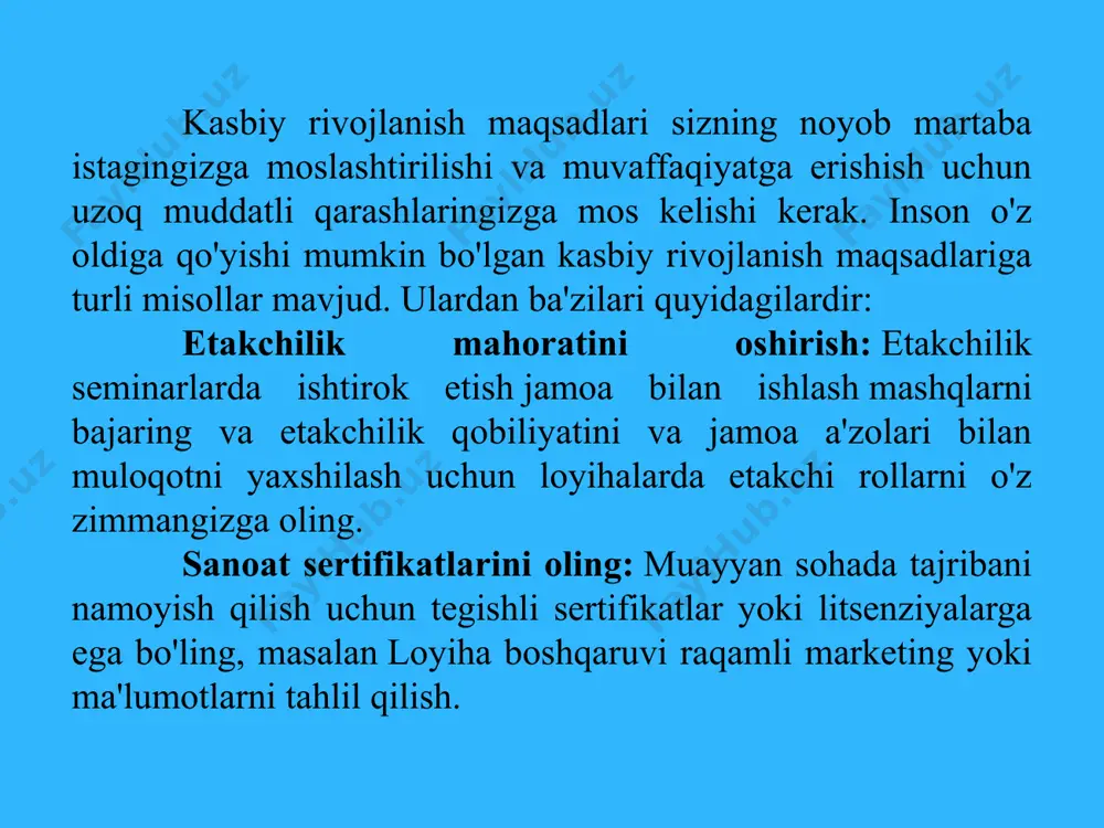 ulotlar hamda mustaqil izlanishlari yoshlarning o'z ustilarida ishlash jarayonida quyidagi maqsadlarga erishishlarini nazarda tutiladi; - olingan nazariy bilimlarni amaliy qo'llash va kasbiy ko'nikmalarni rivojlantirish; - insonlar bilan aloqalar oʻrnatish, rivojlantirish, ish yuzasidan muloqot qilish, guruh yoki jamoada hamkorlikda ishlash, axborot almashish tajribasini egallash. xulosa xulosa o'rnida shuni aytishimiz mumkinki, istalgan sohada kasbiy rivojlanishning asosini shaxsning psixologik bilimisiz tasavvur etib bo'lmaydi. shu bois ham, oliy o'quv yurtlarida talabalarga kasbiy psixologiya bo'yicha ta'lim berib kelinmoqda. foydalanilgan adabiyotlar ro`yhati 1. z.nishanova, sh.asomuddinova, “psixologik maslahat” toshkent-2010 2. p.i.ivanov, m.e.zufarova “umumiy psixologiya” toshkent-2015 3. google.com image2.jpeg image3.png image4.png image5.png image6.png /docprops/thumbnail.jpeg