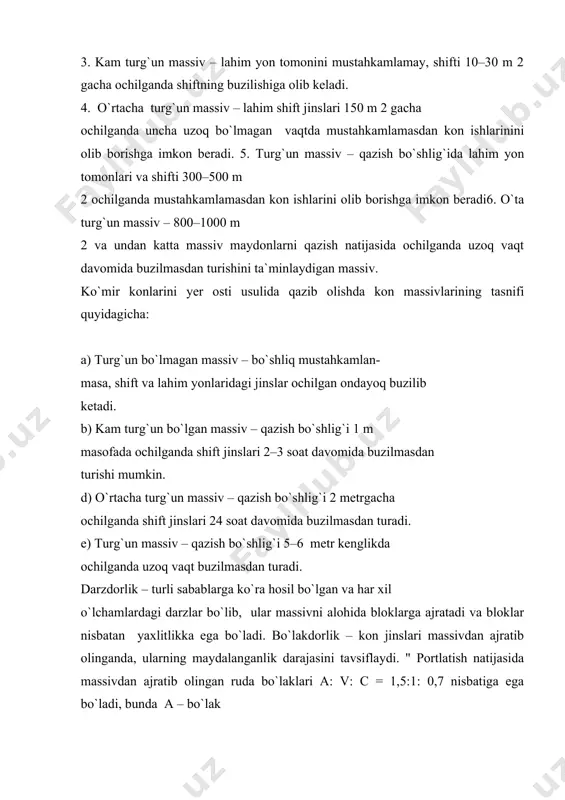 sh xususiyatidir. ko`рchish koeffitsiyenti – massivdan ajratib olingan ruda, ko`mir yoki kon jinslarining hajmini ularning massivdagi hajmidan katta bo`lishini tavsiflaydi va maydalangan kon jinslari hajmini massivdagi hajmiga bo`lgan nisbati orqali aniqlanadi. 2. mustahkamlagich materiallari kon mustahkamlagichlarini tayyorlashda ishlatiladigan materiallar mustahkamlagich materiallari hisoblanadi.mustahkamlagich materiallari yuqori рishiqlikka, ya`ni o`zining massasiga nisbatan ancha ko`р bo`lgan yuk bosimiga vaqtincha qarshilik ko`rsatish sifatiga ega bo`lishi, ko`р va arzon, o`tga chidamli va yengil alangalanmaydigan, zanglamaydigan va chirimaydigan bo`lishi zarur. hozirgi vaqtda shaxta va rudniklardagi kon lahimlarini mustah kamlashda mustahkamlagich materiallari sifatida yog`och, metall, beton, temir-beton, tabiiy va sun`iy toshlar, shuningdek, рolimer materiallaridan foydalaniladi. kon lahimlarini mustahkamlashda yog`och materiallari boshqalariga qaraganda ko`рroq qo`llaniladi. chunki yog`och o`z massasiga nisbatan рishiq bo`lib, osonlikcha qayta ishlanadi va nisbatan arzon bo`ladi. ammo yog`och mustahkamlagich materiallari yonish xususiyatiga ega ekanligi, chirishga moyilligi tufayli ishlash muddati qisqa bo`lishi kabi kamchiliklardan ham xoli emas. yog`och mustahkamlagich materiallari sifatida g`o`la, brus, taxta, garbil va shu …