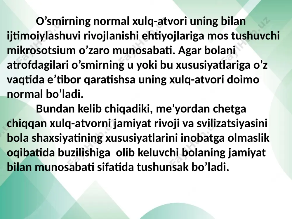 2. psixologik omillar. bularga bolada psixopatalogiya yoki xarakterining aksetkatsiyasining borligi kiradi. bu me’yordan chetga chiqishlar asab kasalliklari, psixopatiya, nevrosteniya va bolada g’ayriadekvant reaksiyalarni paydo qiluvchi boshqa omillarda namoyon bo’ladi. yorqin namoyon bo’lgan psixopatiyaga (tentaklik) ega bolalar psixiatrlar yordamiga muhtojlar. ruhiy me’yorning eng keskin varianti hisoblanmish aksentuatsiyaga ega bolalar psixologik ta’sirlar uchun nihoyatda qaltis hisoblanadilar va ijtimoiy tibbiy reabilitatsiyaga ehtiyoj sezadilar. bola rivojlanishining har bir davrida shaxsiyat va xarakterning ba’zi ruhiy hislatlari shakllanadi. o’smirda ruhiyat rivojlanishining ikki bosqichi kuzatiladi: yoki u yashaydigan ijtimoiy muhitdan bezib qoladi, yoki ko’nikib ketadi. agar oilada bola ota-onasi tomonidan yetarli mehr his qilmasa unda bu holatda uning himoya vositasi vazifasini begonalashuv bajaradi. bu begonalashuv asabiy reaksiyalar, atrofdagilar bilan munosabatlarning buzilishi, emotsional sovuqlik, psixik rivojlanishning to’xtab qolishi, turli ruhiy patalogilarda namoyon bo’ladi. o’smirlarga xos bo’lga rad etish, qarshi chiqish kabi hislatlar odatda bir-biriga emotsional bog’liq bo’lgan oilaviy munosabatlarning oqibati hisoblanadi. 3. ijtimoiy-pedagogik omillar maktab, oila va ijtimoiy …