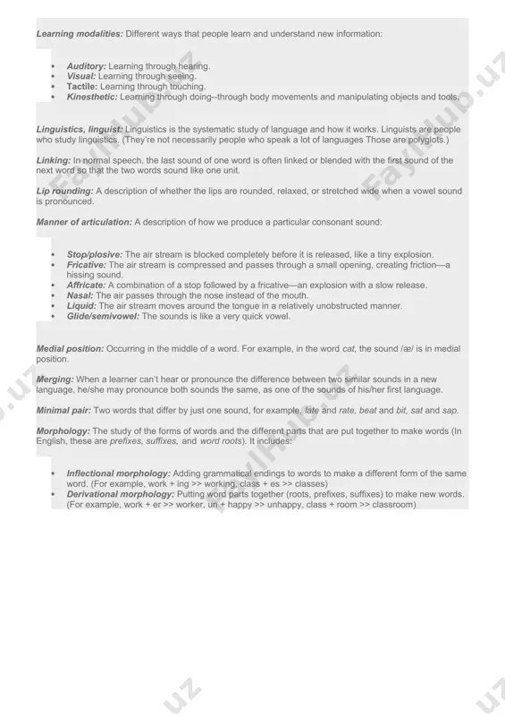 meaning rather than lexical meaning, such as articles, pronouns, prepositions, and conjunctions. they don’t have much meaning in themselves; they show the relationship between other words. functional load: a way of measuring how important the contrast between two sounds is in a language. if there are many minimal pairs with two sounds, the contrast between those sounds has a high functional load. if there are few minimal pairs with those two sounds, then the contrast has a low functional load. it’s usually more useful to teach contrasts with a high functional load than those with a low functional load. glottal stop: a sound produced by closing the vocal cords tightly and releasing them quickly, like the beginning o a small cough, or the middle sound when we say “huh-uh” to mean “no.” it’s represented by this symbol: [ʔ]. grapheme: a written symbol that represents a sound. in english, the letters …