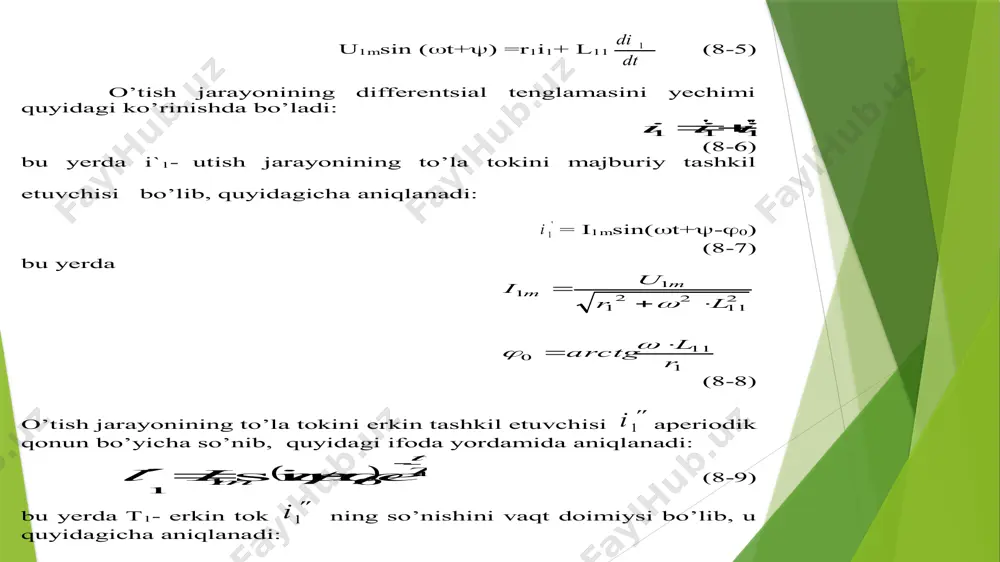 foydalaniladi. bu trans-formatorni vektor diagrammalari va almashtirish sxemalarini tuzish, ularni ish tavsiflarini taxlil qilish maqsadlarida ikkinchi va uchinchi chulg‘amlarini birinchi chulg‘amga keltiriladi. 28-rasm. uch chulg‘amli transformatorning soddalashtirilgan almashtirish sxemasi uch chulg‘amli transformatorlarning vektor diagrammasini almashtirish sxemasiga asosan ikki chulg‘amli transformatorning vektor diagrammasiga o‘xshash qurish mumkin. davlat standarti uch chulg‘amli kuch transformatorlarini quyidagi quvvat nisbatlarida tayyorlashni tavsiya qiladi: 1. 100% 100% 100% 2. 100% 100% 67% 3. 100% 67% 100% 4. 100% 67% 67% uch chulg‘amli transformatorlarning qisqa tutashuv kuchlanishlari eng katta quvvatli chulg‘amini nominal tokiga mos keluvchi toklariga nisbatan xisoblanadi. payvandlash transformatorlari payvandalash transformatorlari bir fazali pasaytiruvchi transformatorga o‘xshash bo‘lib, ikkilamchi chulg‘aminnig kuchlanishi u2=6070vni tashkil qiladi, bu kuchlanish payvandlash elektrodlari orasida elektr yoyining to‘liq yonishini taominlaydi. payvandlash transformatori nominal yuklamagacha yuklanganda ikkilamchi chulg‘amining kuchlanishi 30v gacha kamayishi mumkin. payvandlash transformatori uchun qisqa tutashuv rejimi normal rejim bo‘lib xisoblanadi, shuning uchun bu transformatorning tashqi tavsifi keskin pasayuvchi xarakterga ega. payvandlash transformatorining …